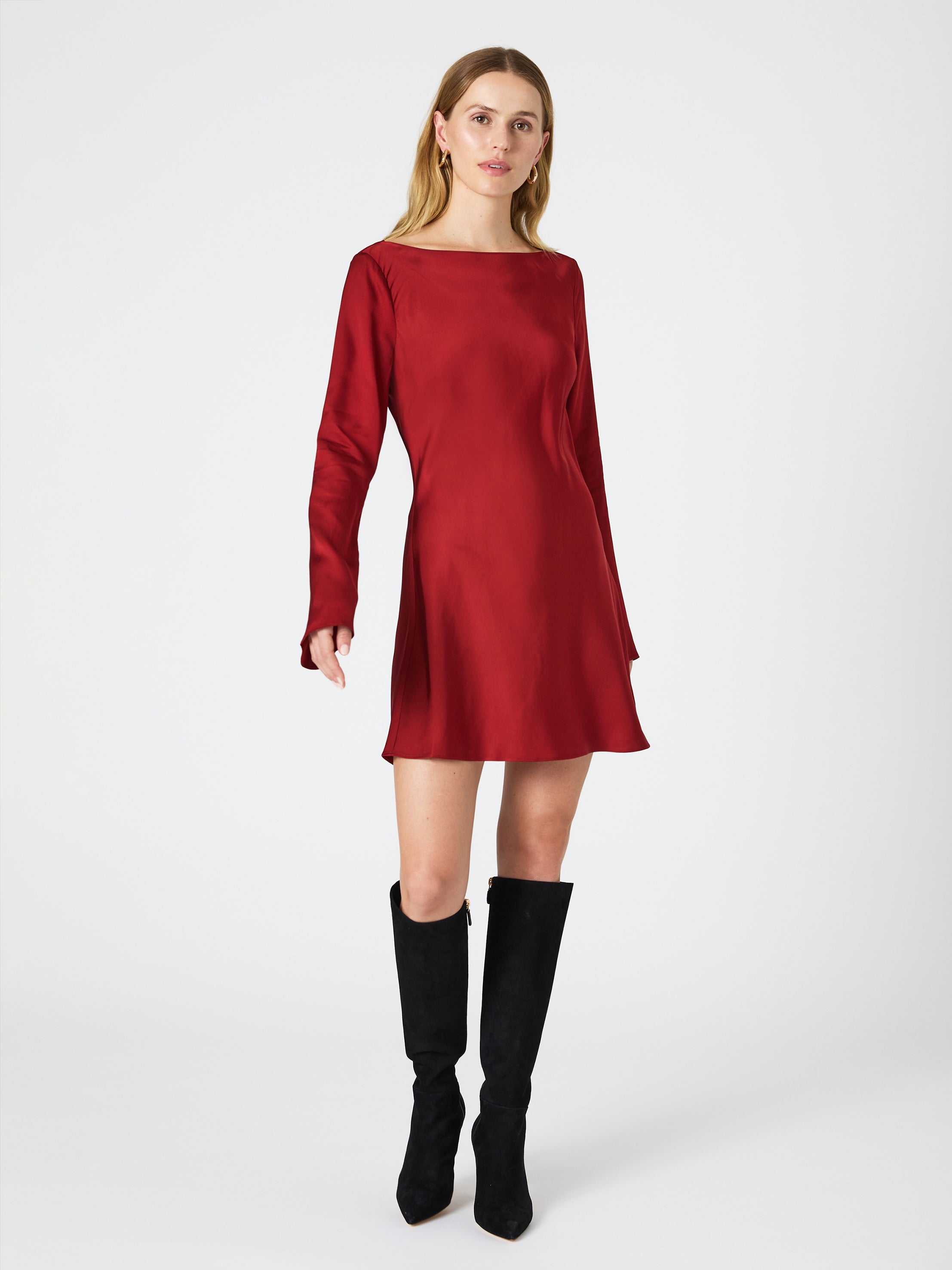 Ennis Satin Longsleeve Mini Dress Wine | French Connection US