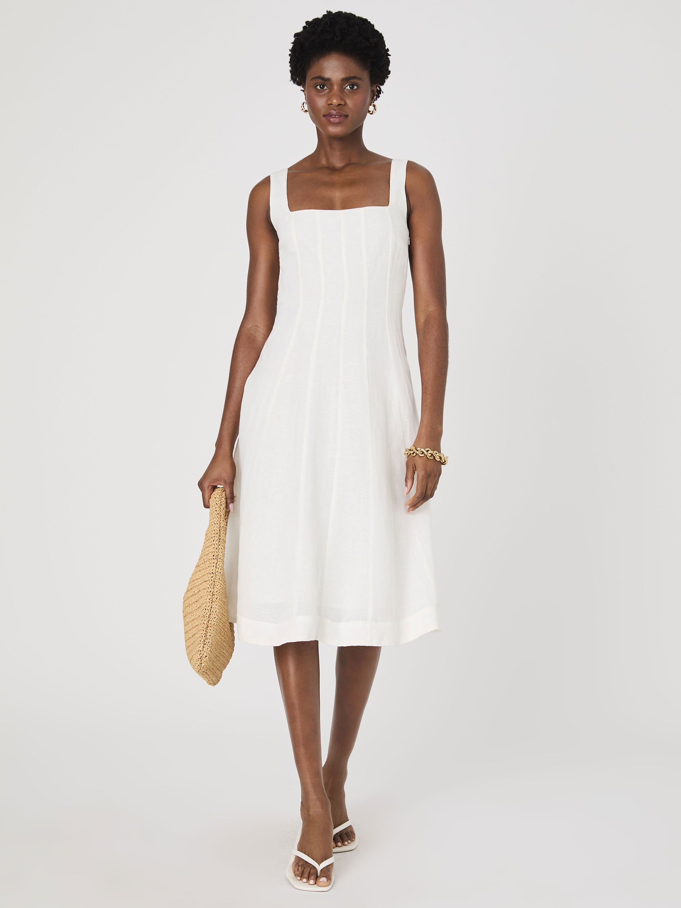 Birdie Linen Square Neck Midi Dress Summer White French