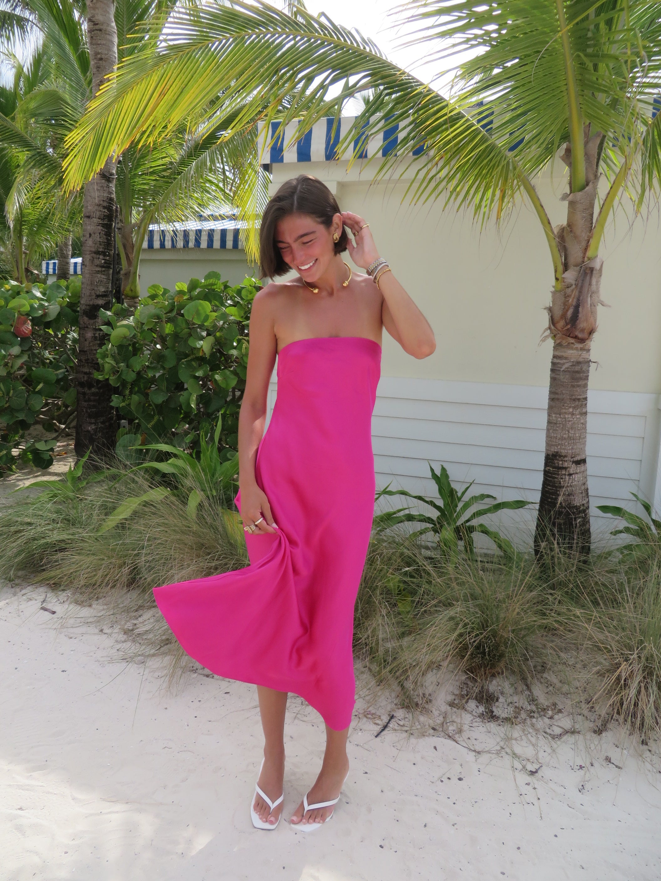 Strapless Cowl Back Midi Dress