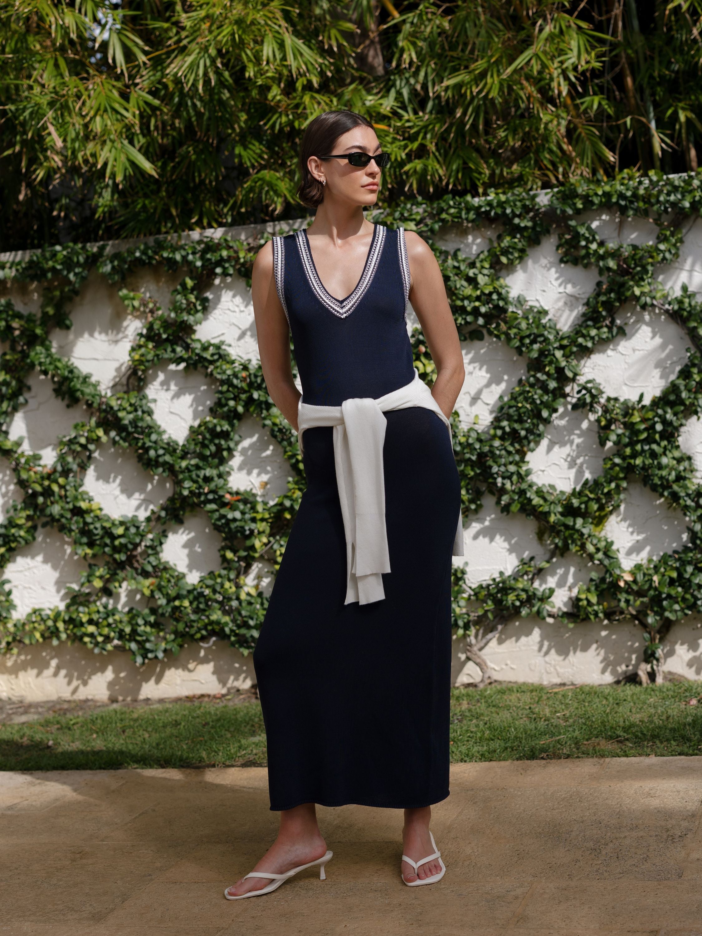 Sage Knit V-Neck Midi Dress