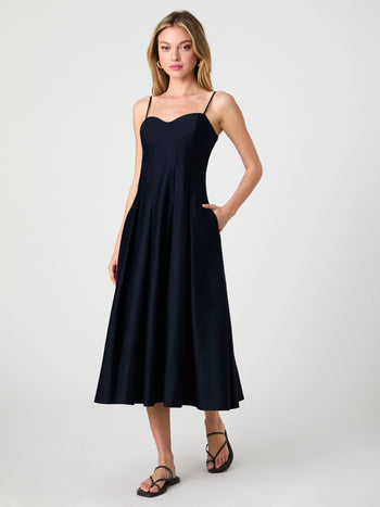 Cotton Sateen Pleated Midi Dress