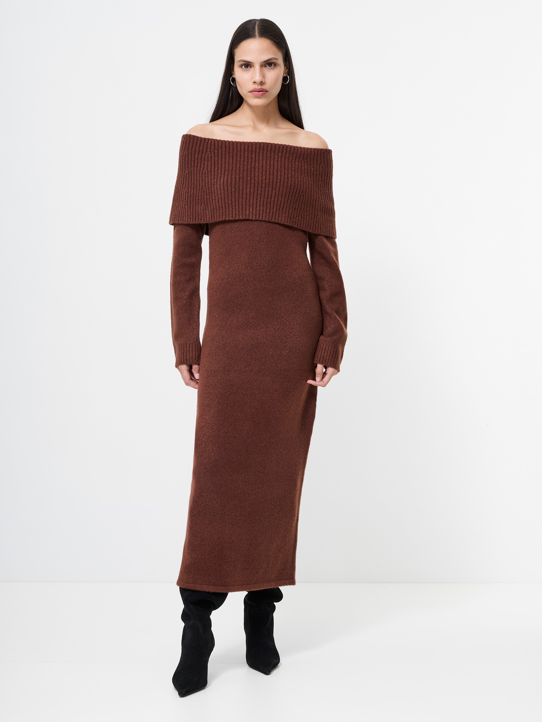 Emilia Knit Off Shoulder Dress Chocolate | French Connection US