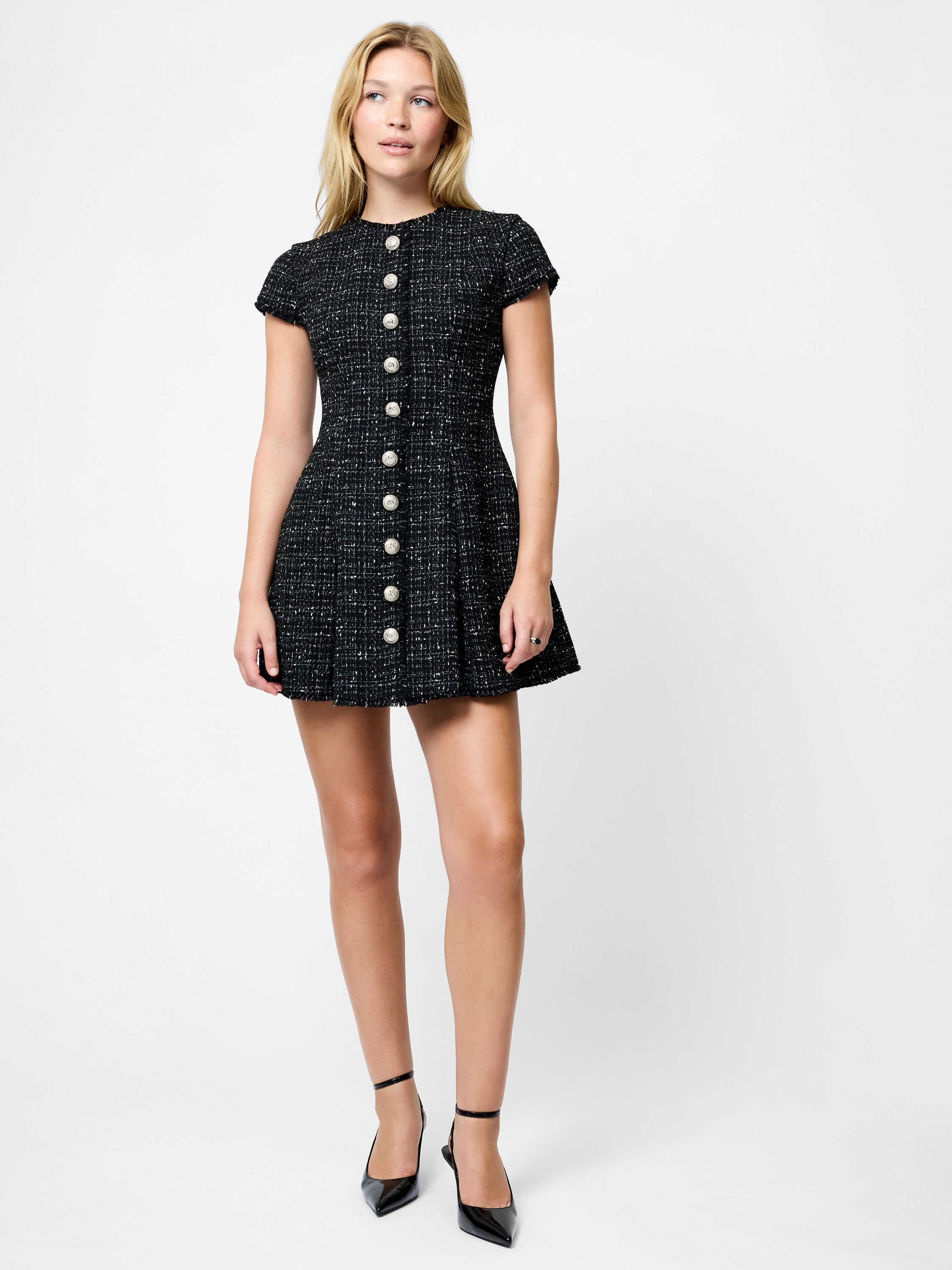 Speckled Tweed Pleated Mini Dress Black/White | French Connection US