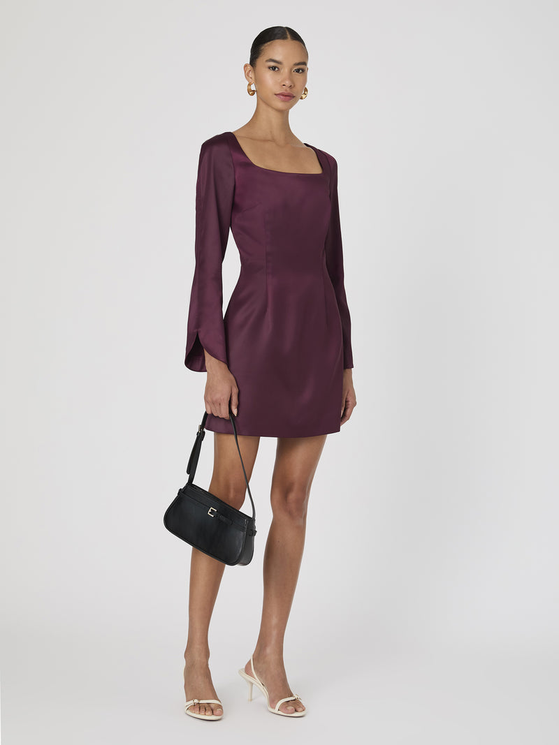 Structured Satin Long Sleeve Scoop Neck Mini Dress Burgundy Red French Connection US