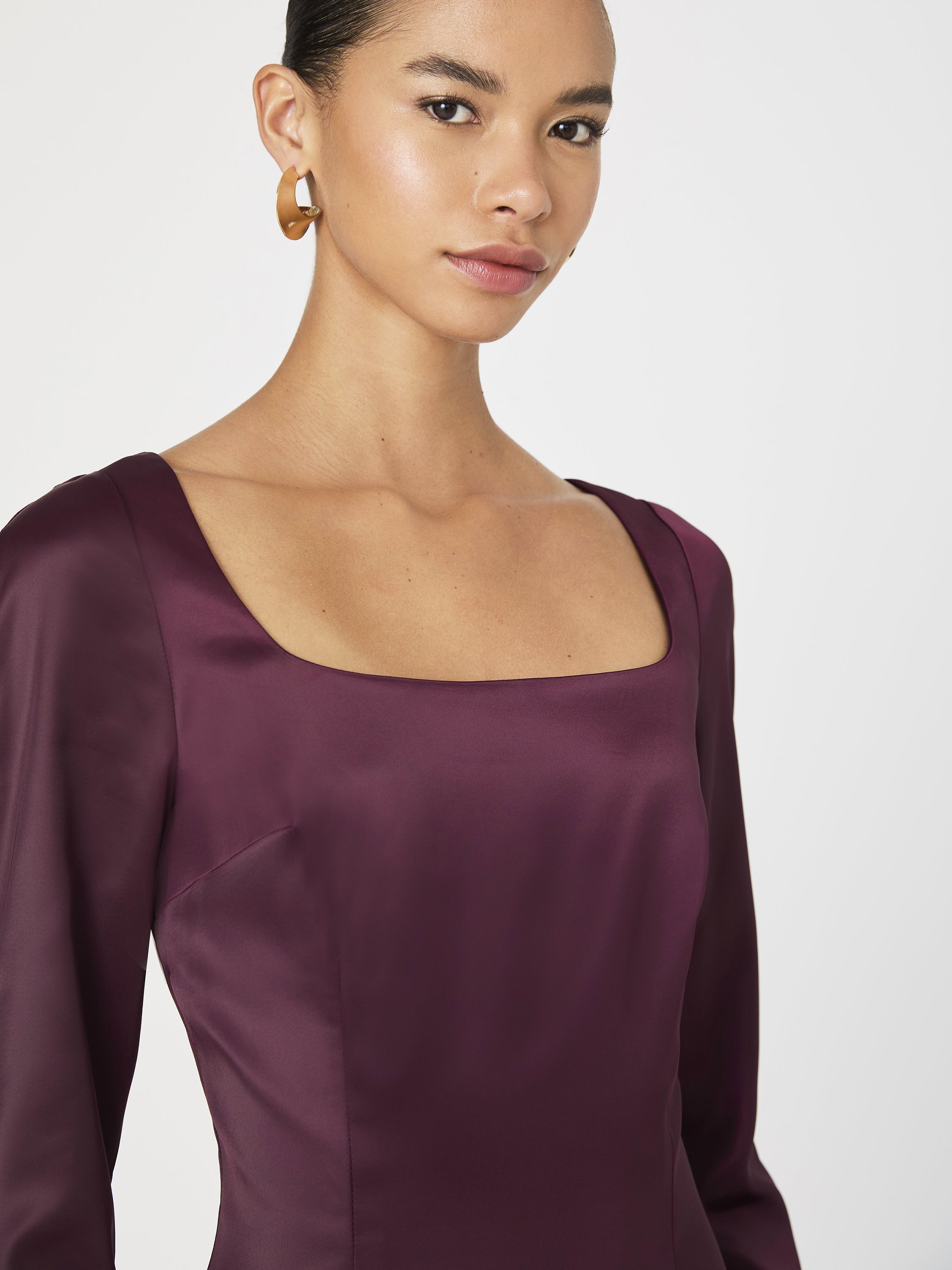 Structured Satin Long Sleeve Scoop Neck Mini Dress
