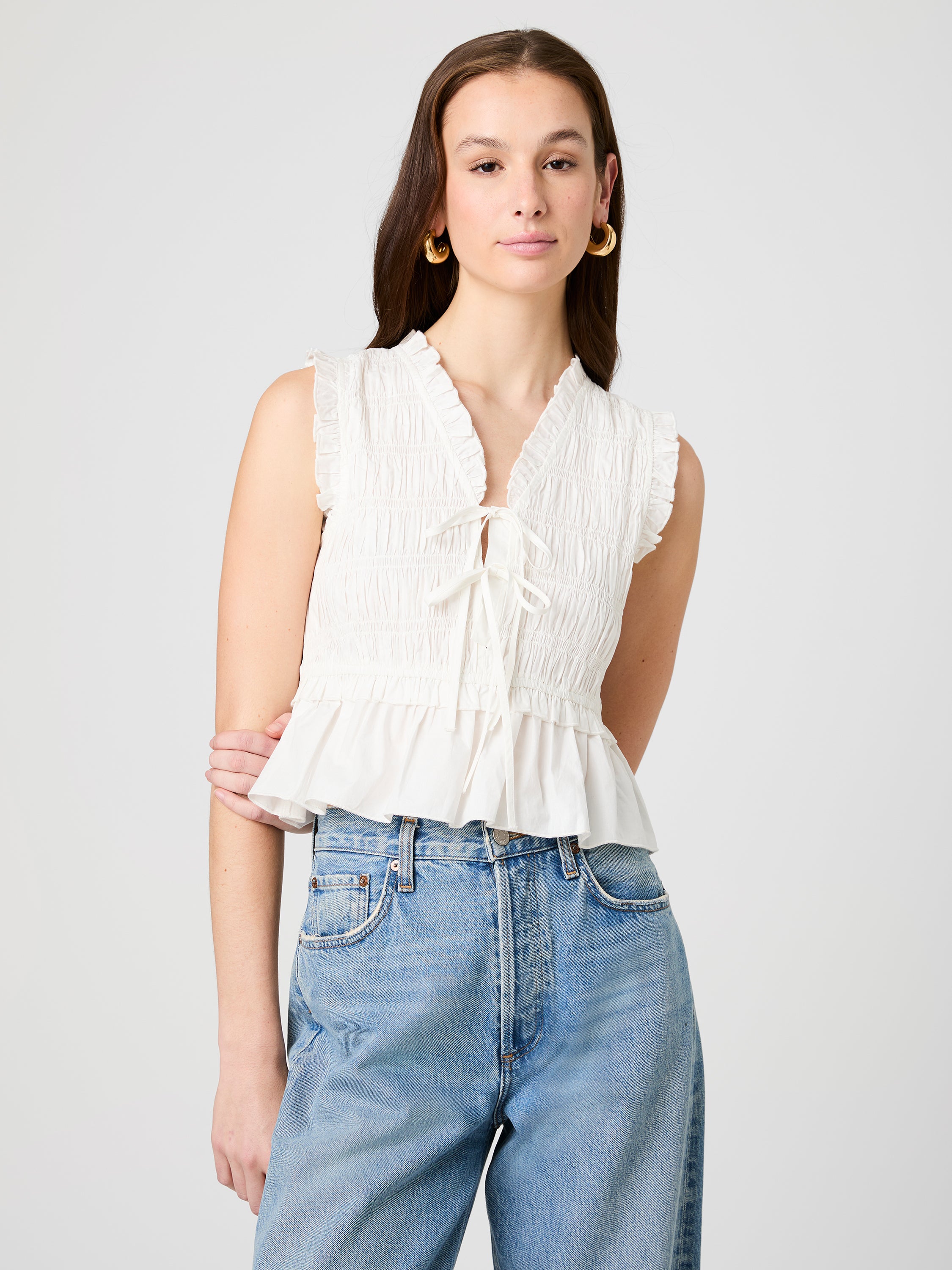 RHODES POPLIN SMOCKED FLUTTER SLEEVE TOP View 2 | Shirts & Tops