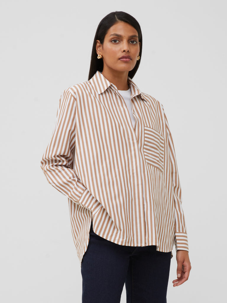 Striped Relaxed Pop Over Shirt White Tobacco | French Connection US