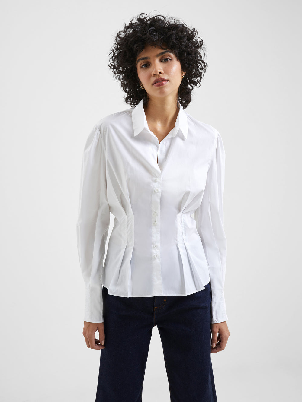 White cinched clearance waist shirt dress