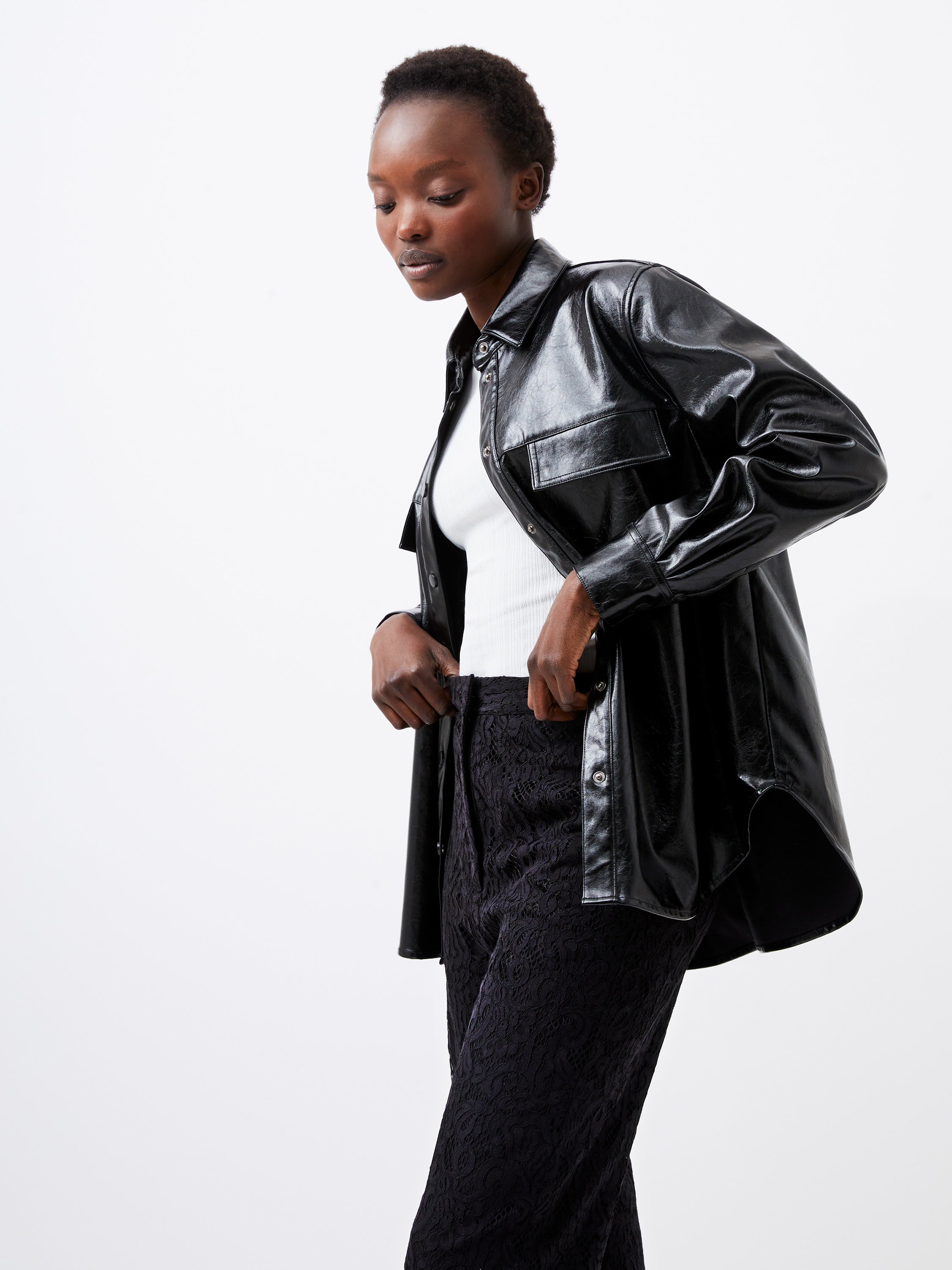 Emmet Vegan Leather Overshirt Black | French Connection US
