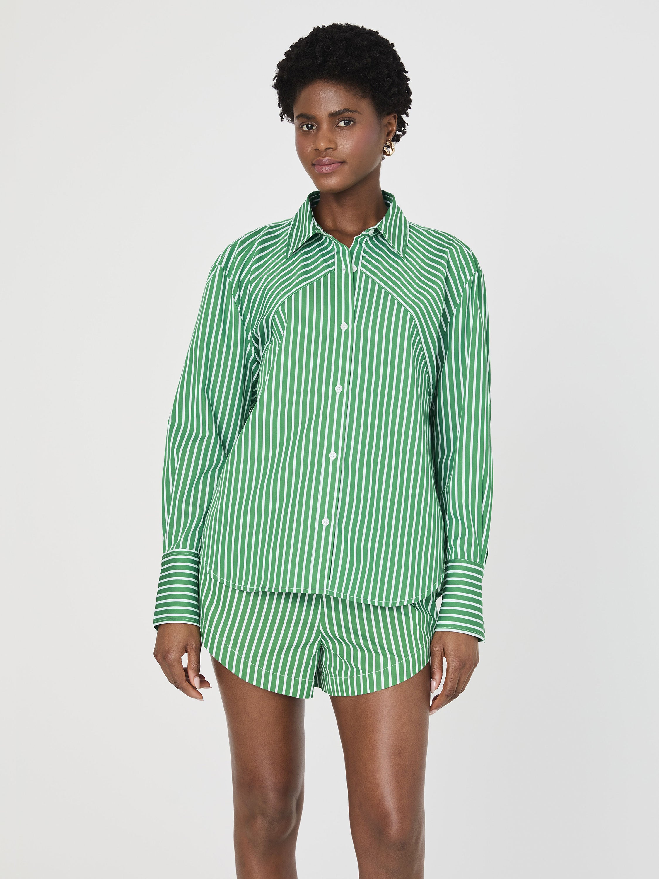 Alexis Cotton Angled Yoke Striped Shirt Green/Summer White
