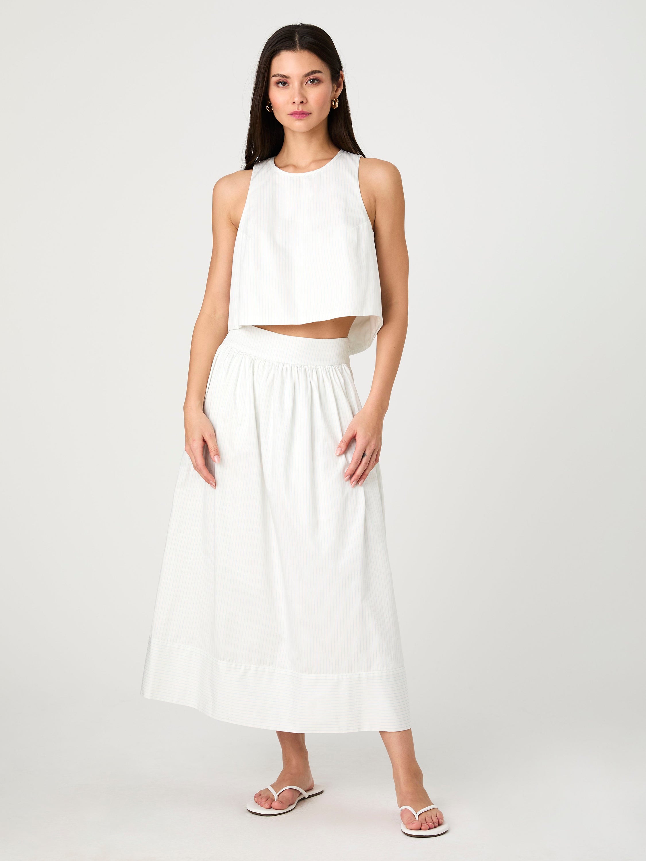 Pinstripe Poplin Midi Skirt Cream/Blue Stripe | French Connection US