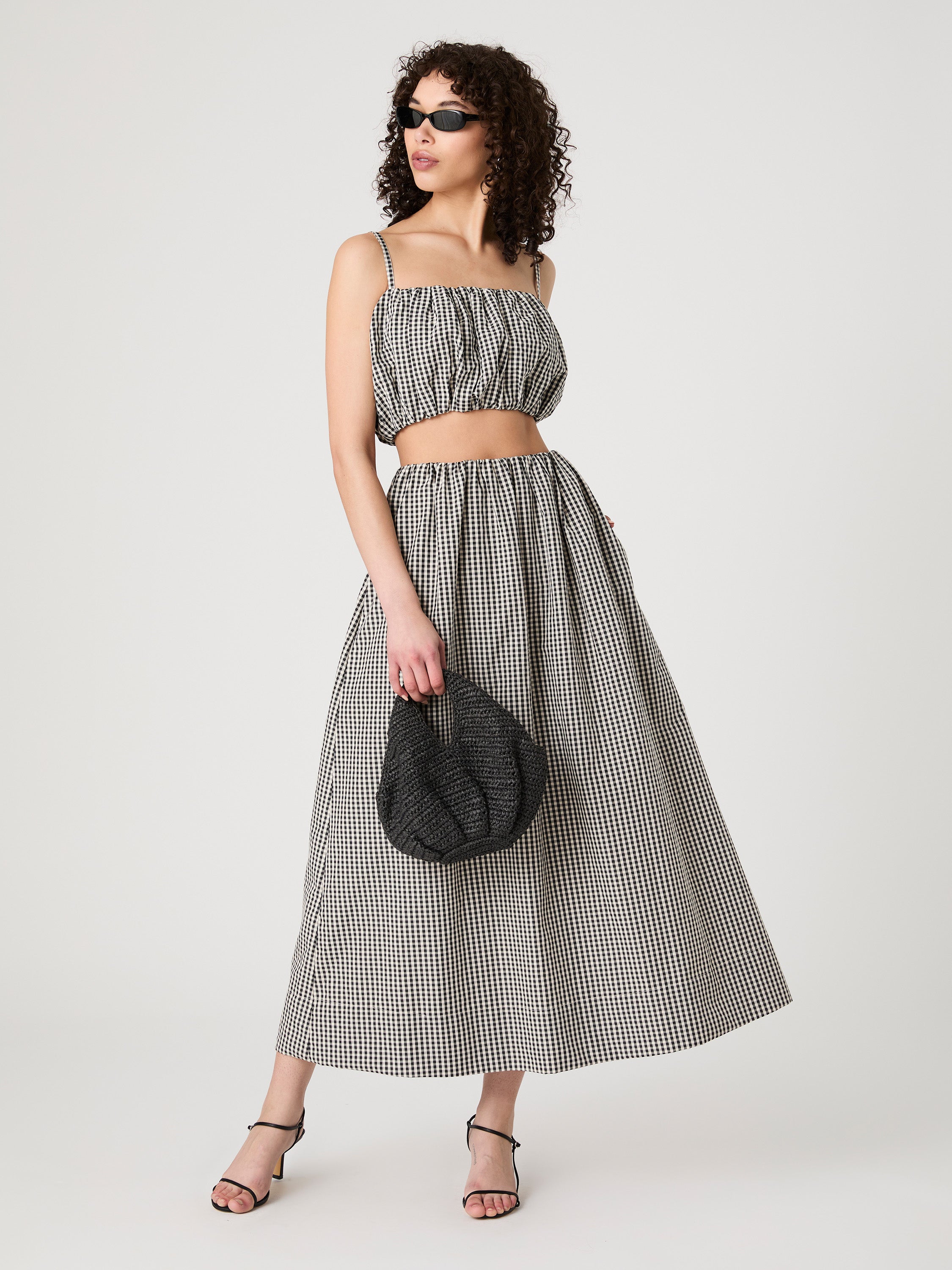 Gingham Ruched Waist Midi Skirt