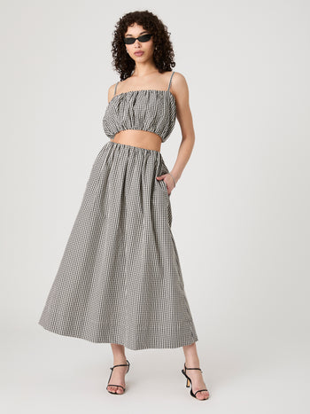 Gingham Ruched Waist Midi Skirt