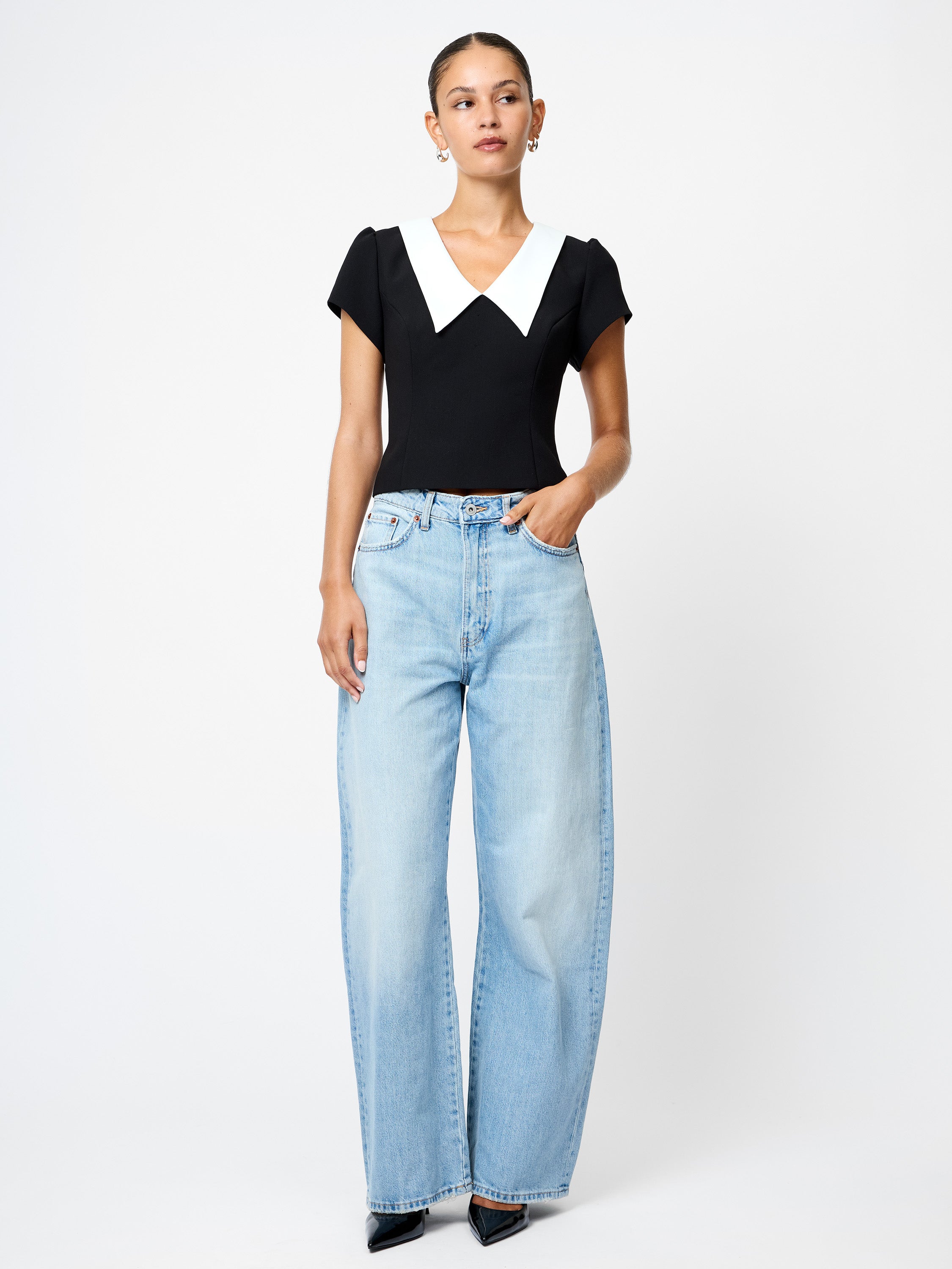 Azra Oversized Collar Top Black/White | French Connection US