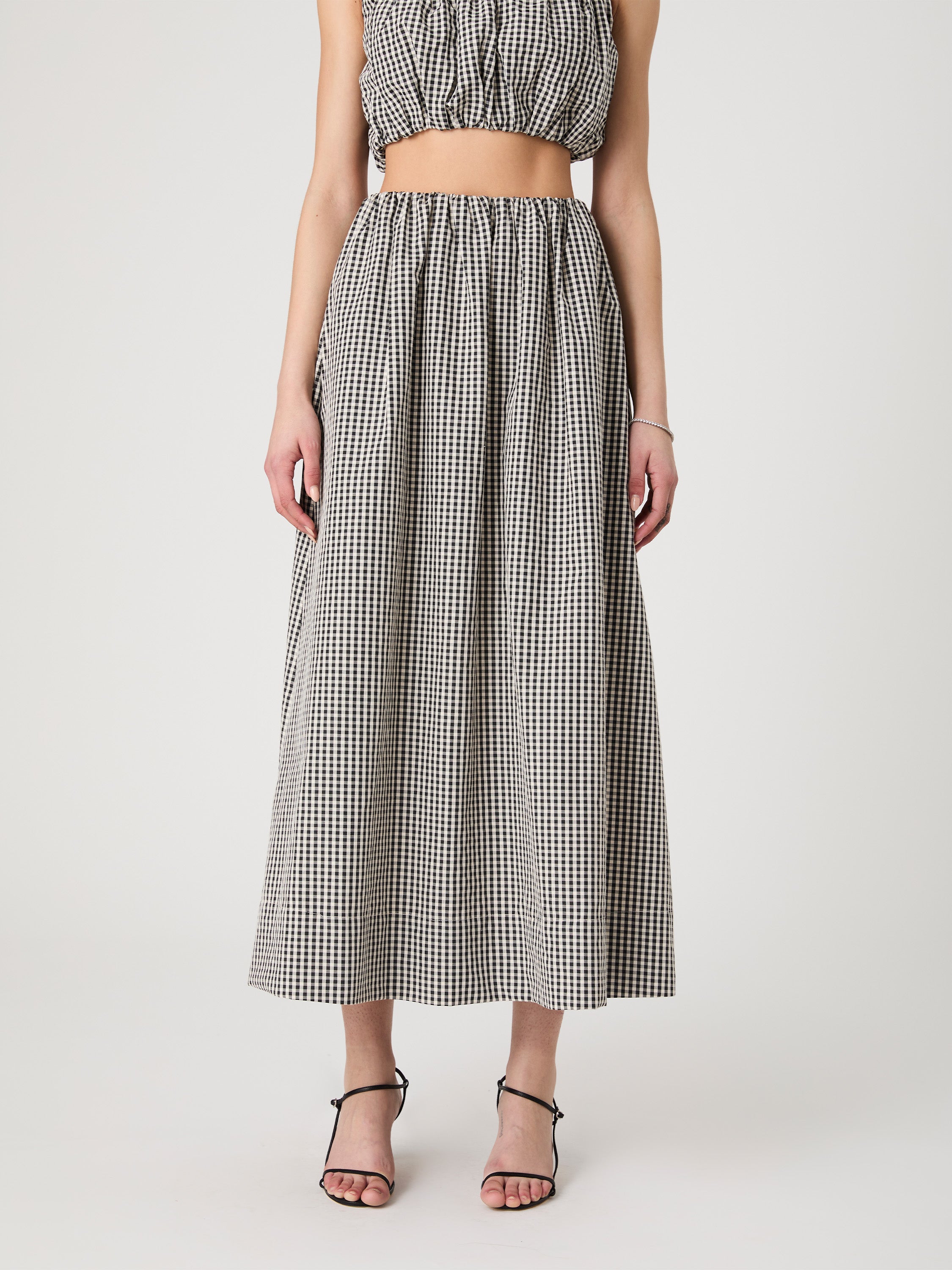 Gingham Ruched Waist Midi Skirt