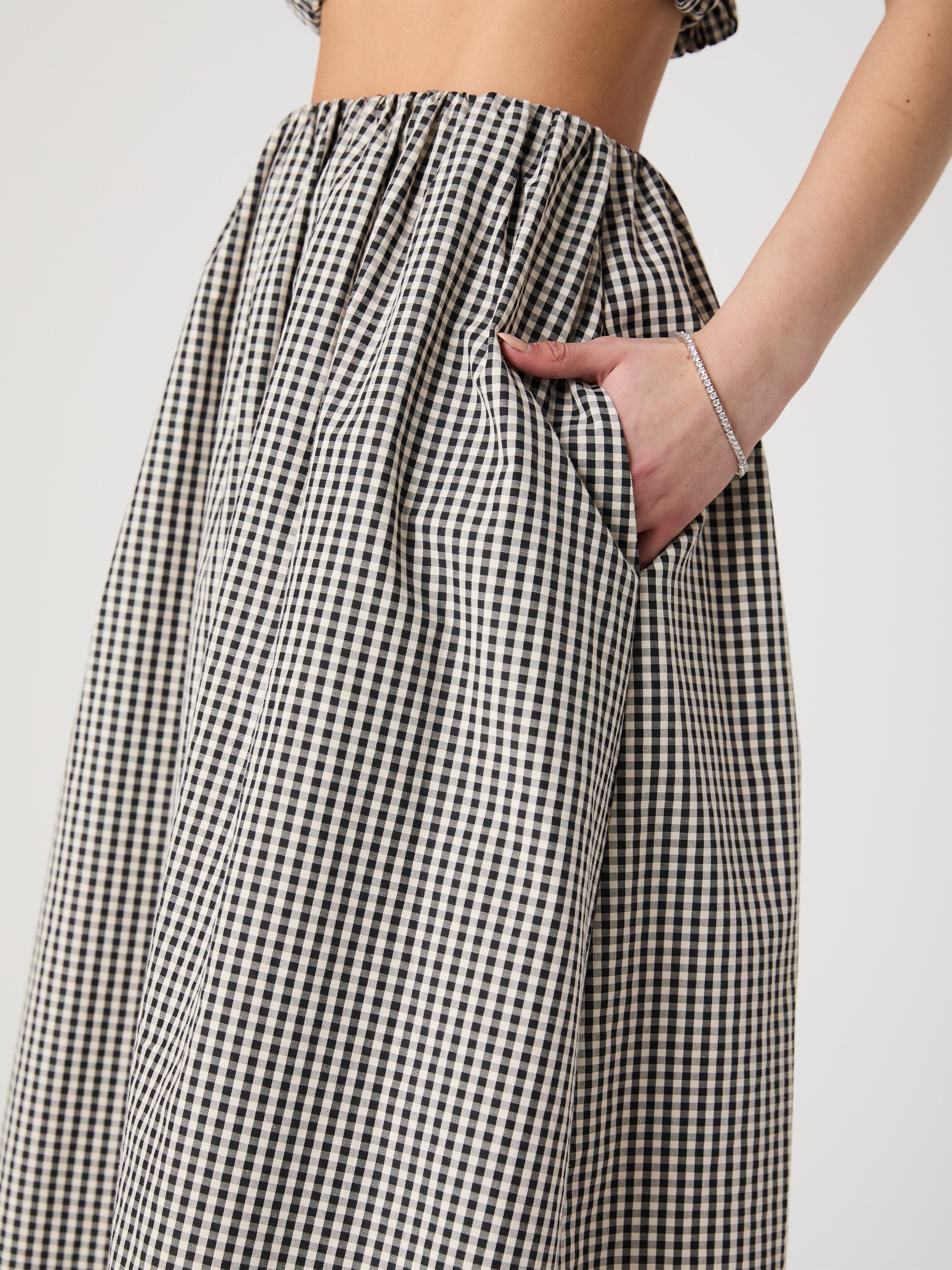 Gingham Ruched Waist Midi Skirt