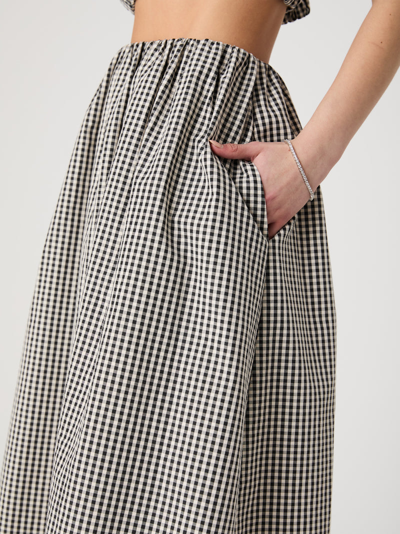 Gingham Ruched Waist Midi Skirt