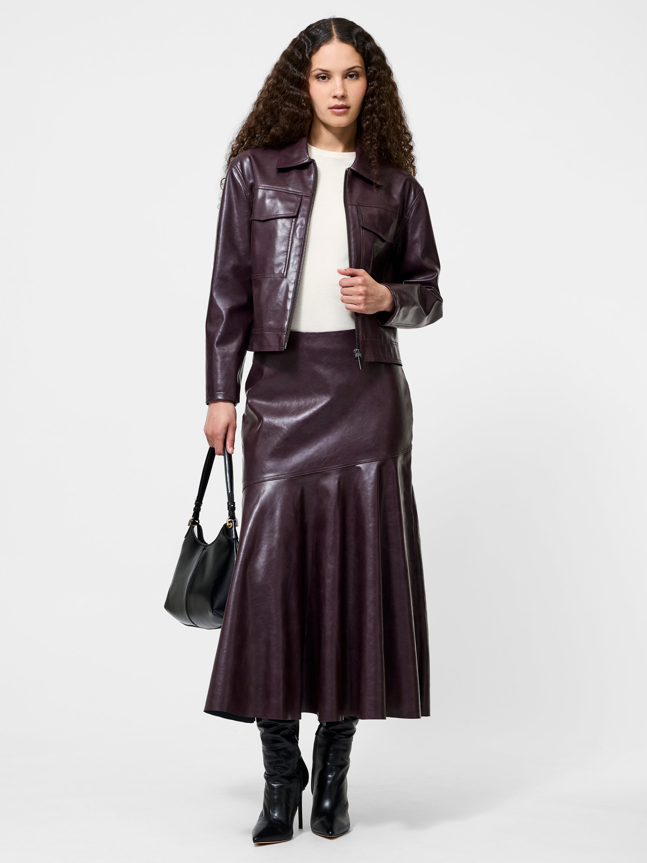 Kayleigh Vegan Leather Midi Skirt Bordeaux Red French Connection US