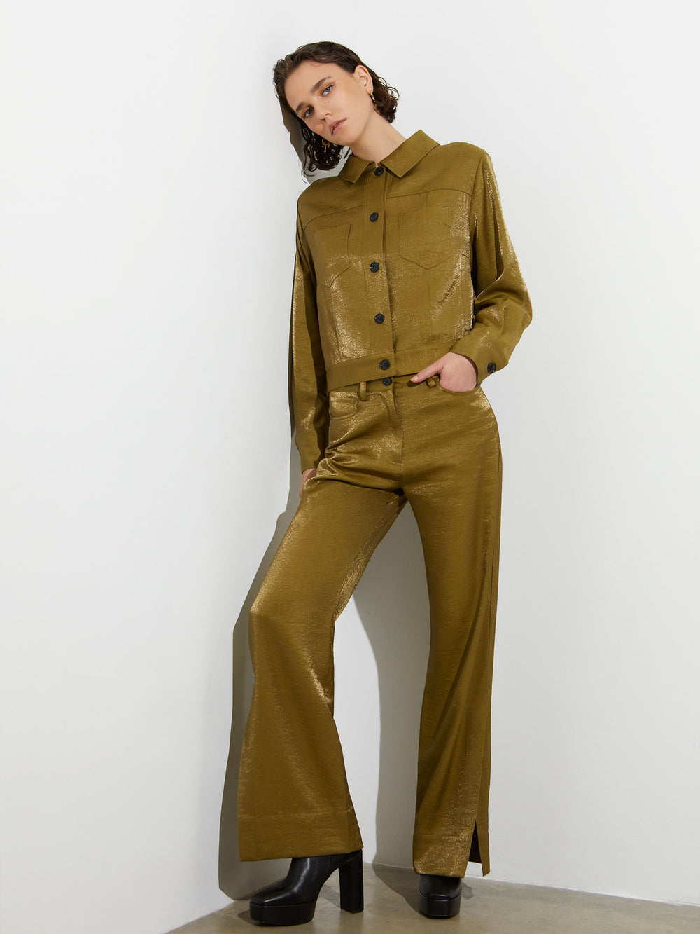 Cammie Shimmer Flare Trousers Nutria | French Connection US