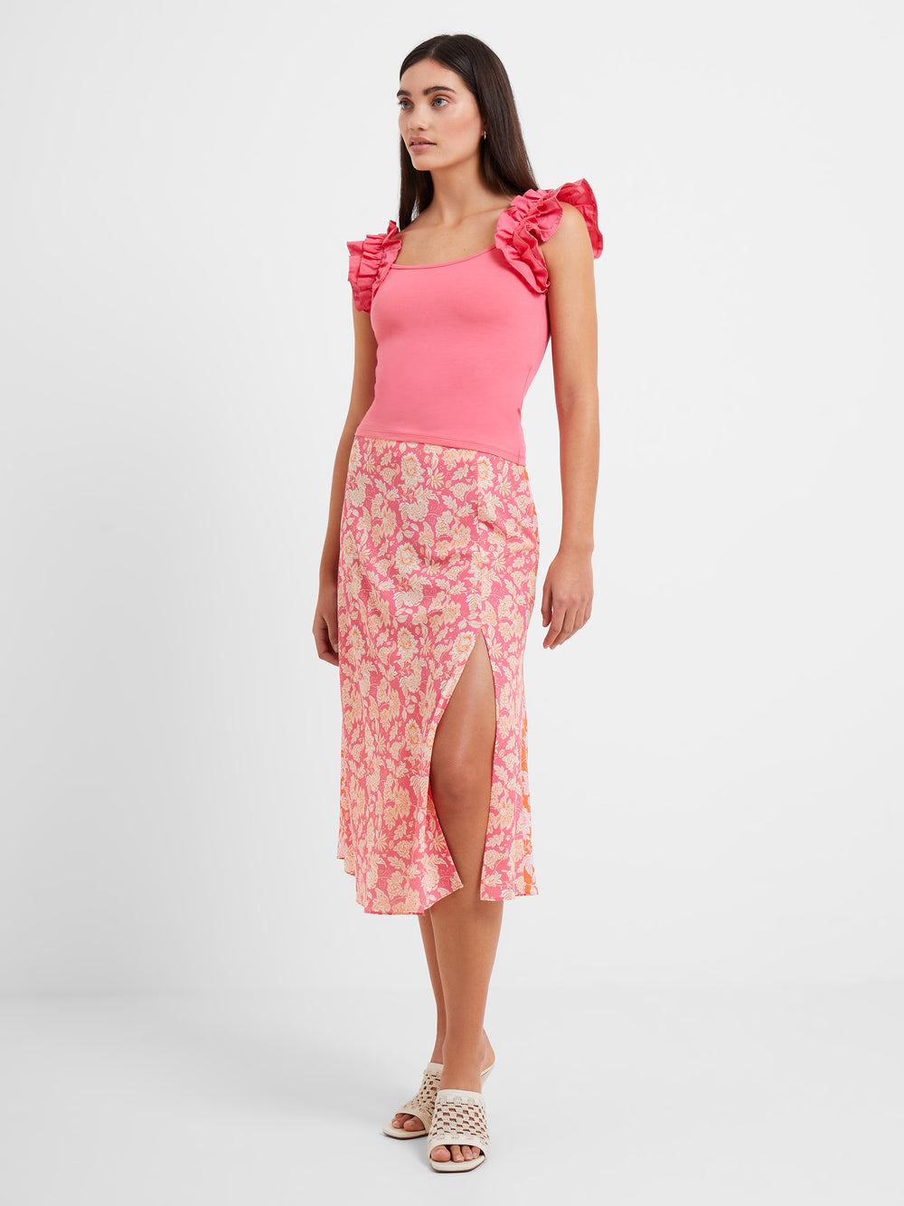 Rallie Cotton Frill Sleeve Tank Top Camellia Rose French Connection US