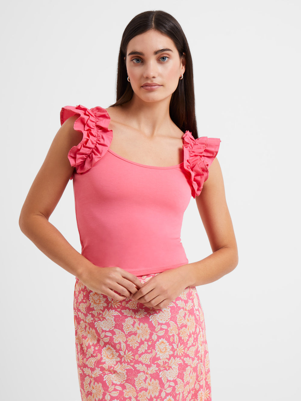 Rallie Cotton Frill Sleeve Tank Top Camellia Rose French Connection US