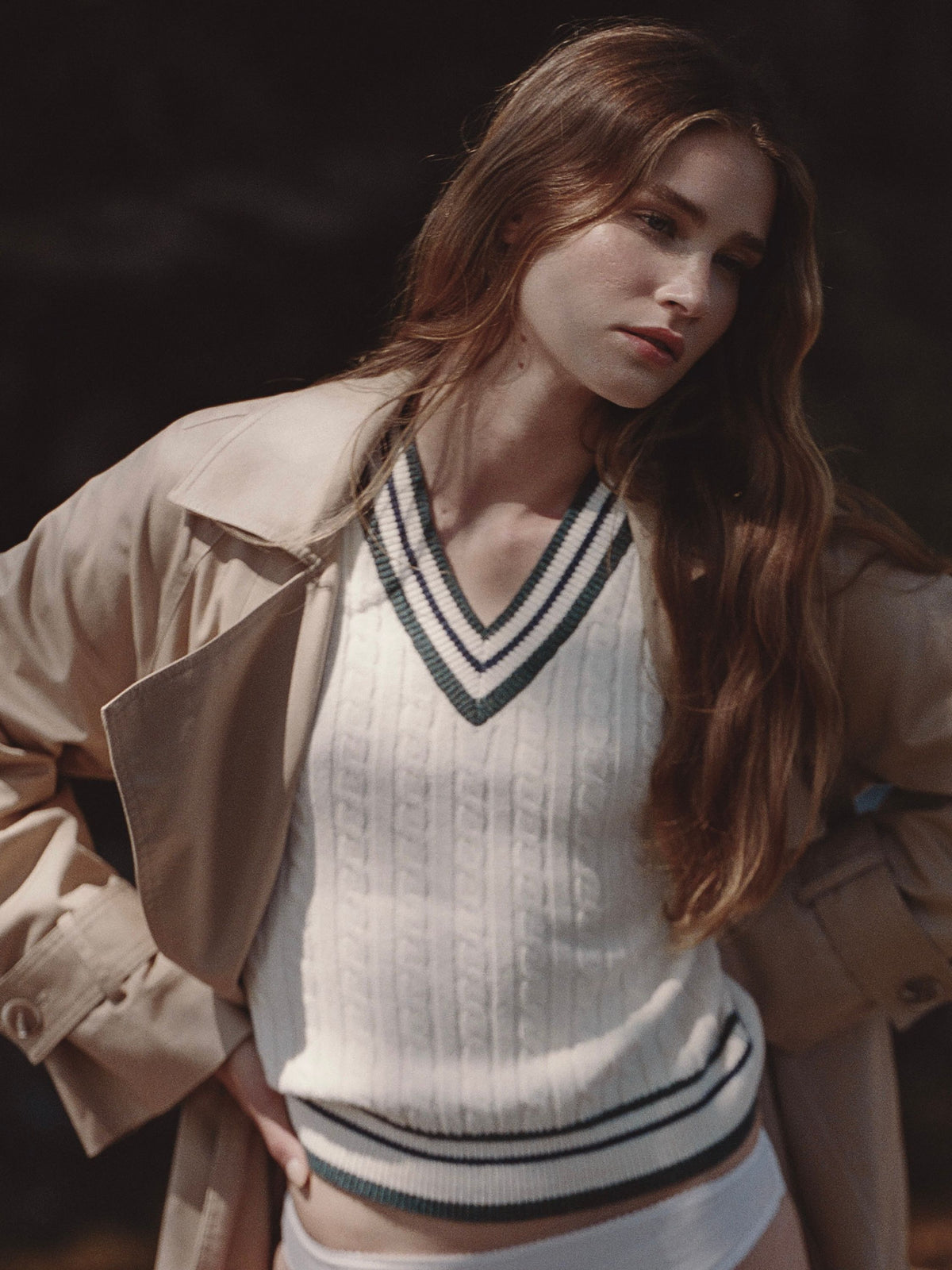 ALEYNA KNIT V-NECK CABLE PULLOVER SWEATER View 1