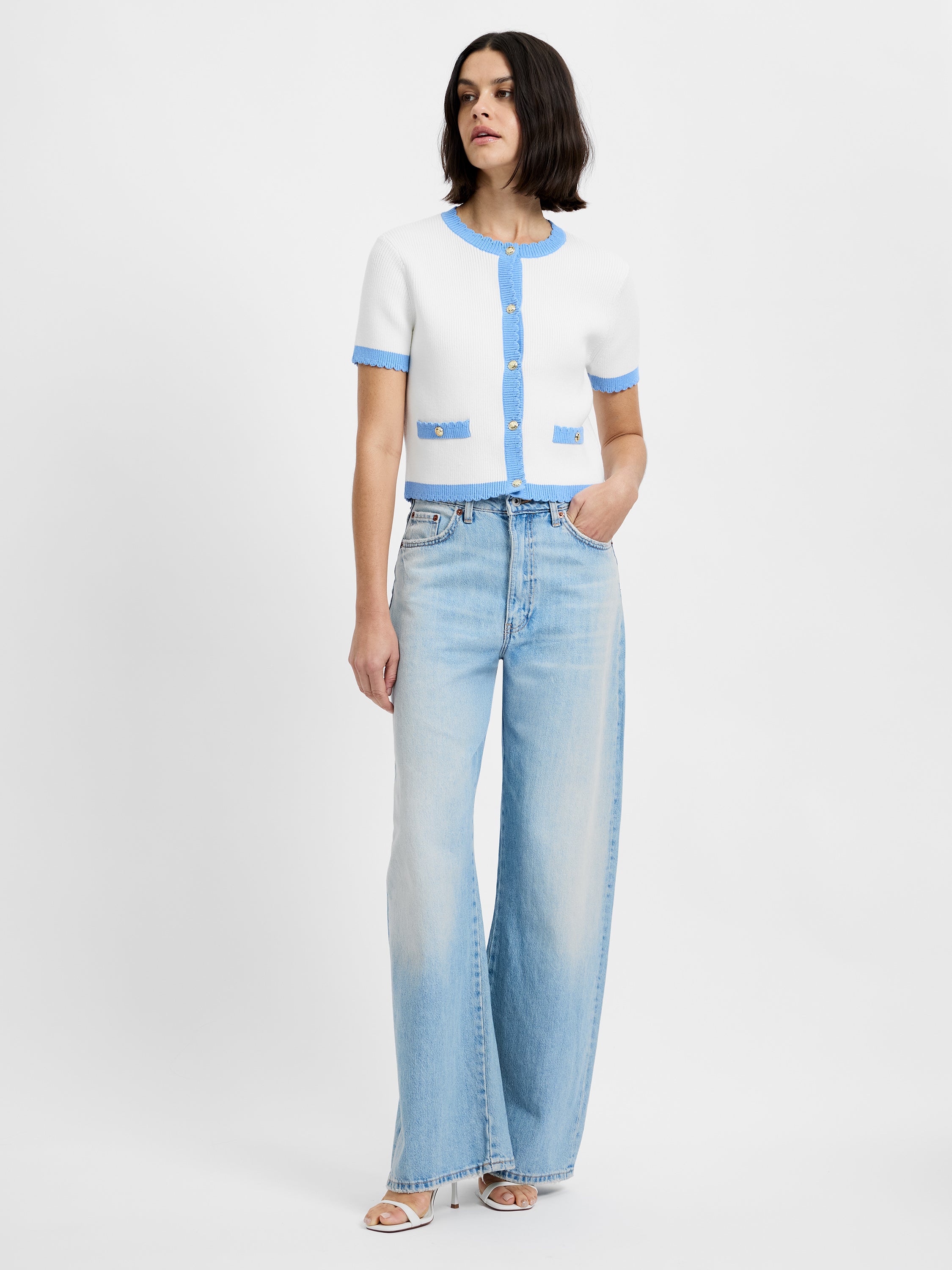 フォクシー Knit Top "Little Stream" アイスブルー 38 Bennet Rib Knit Short Sleeve Top | French Connection US