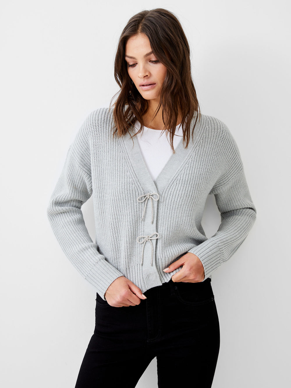 Babysoft Sparkly Bow Cardigan Light Grey Mel | French Connection US