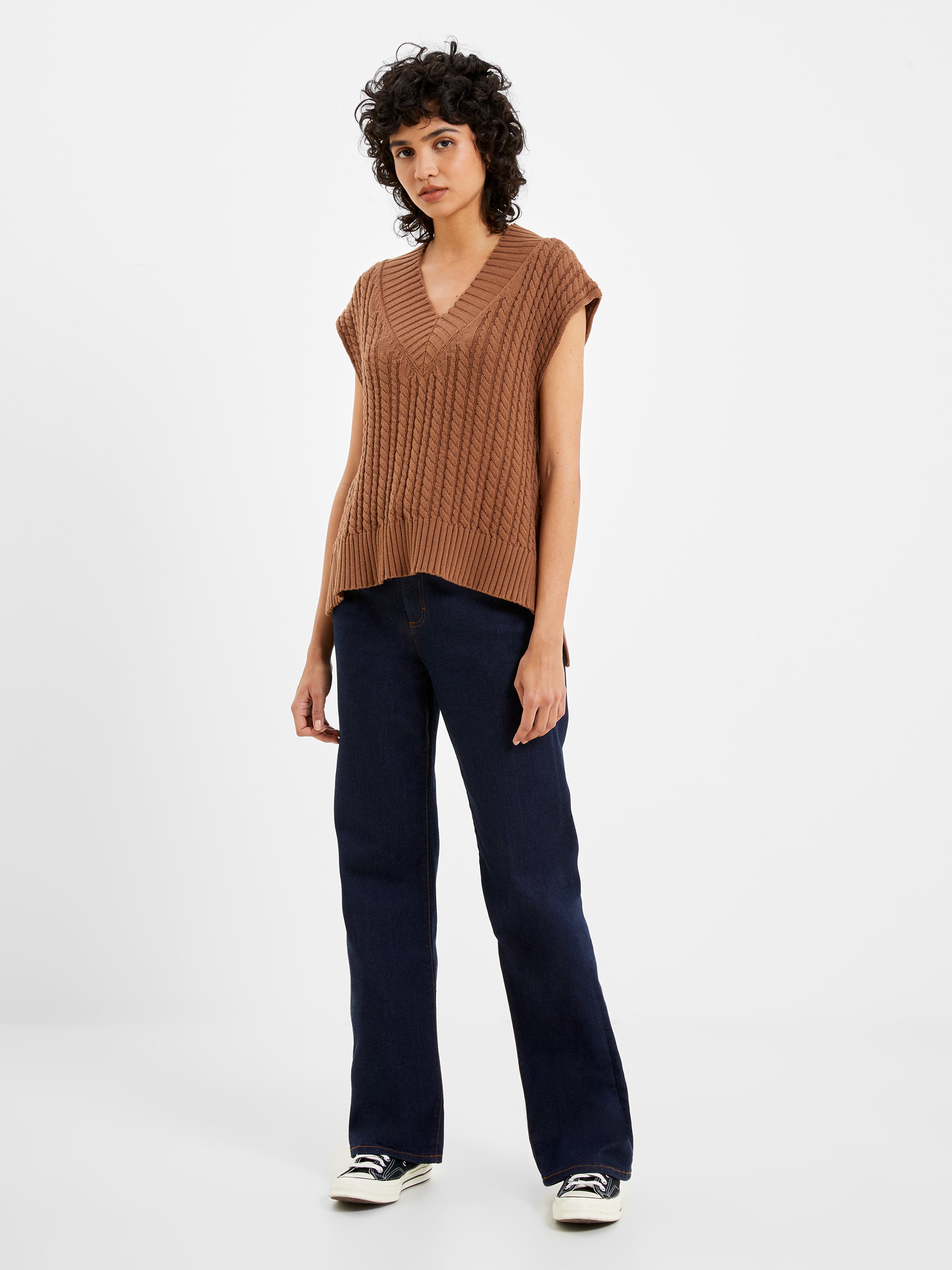 Mozart V Neck Cap Sleeve Sweater Vest 70s Tan French Connection US