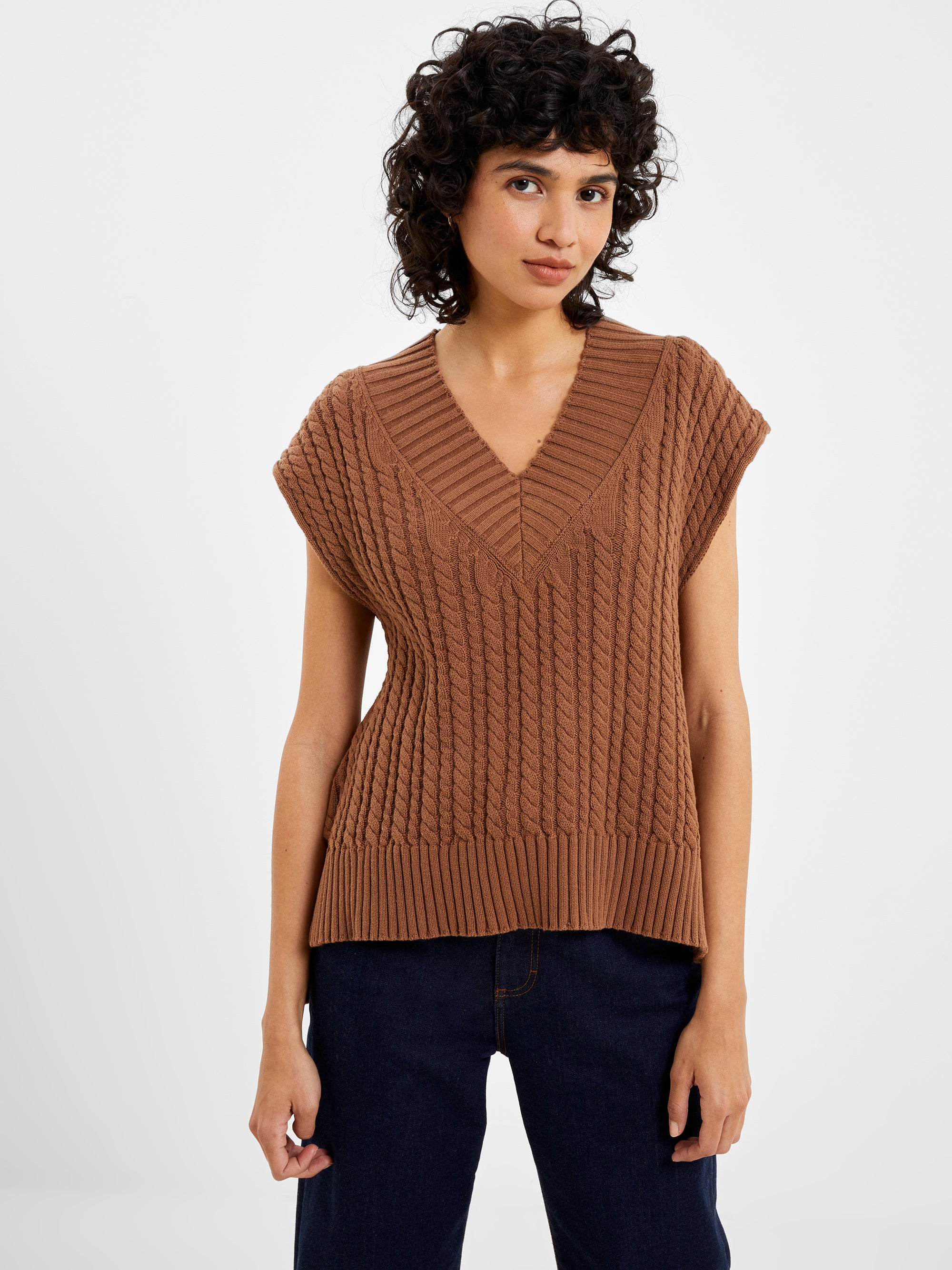 Mozart V Neck Cap Sleeve Sweater Vest 70s Tan French Connection US