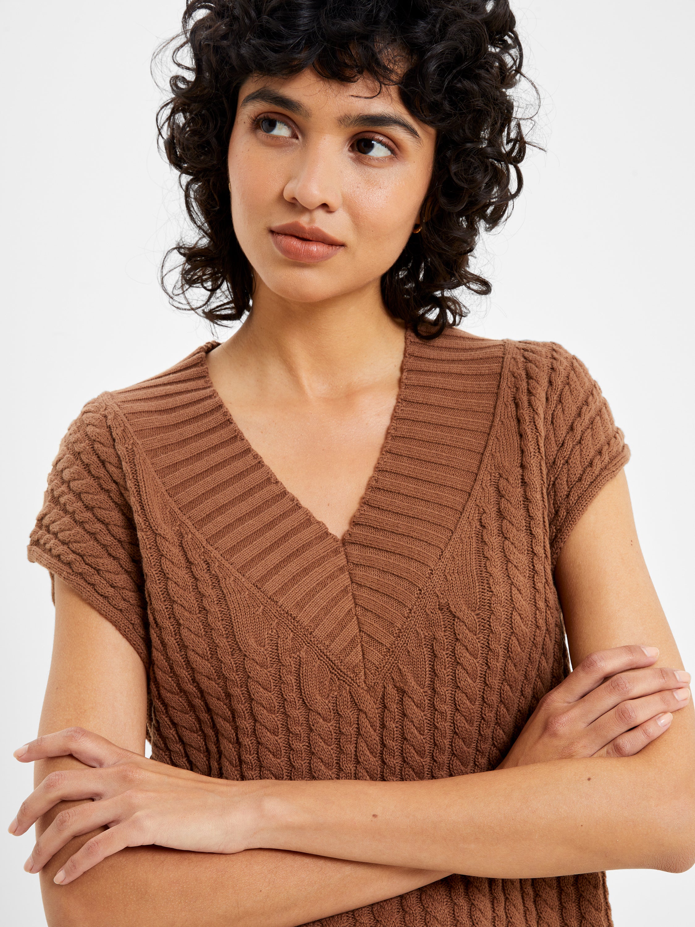 Mozart V Neck Cap Sleeve Sweater Vest 70s Tan French Connection US