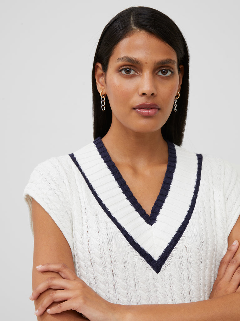 Mozart V Neck Cap Sleeve Sweater Winter White/ Duchess Blue French