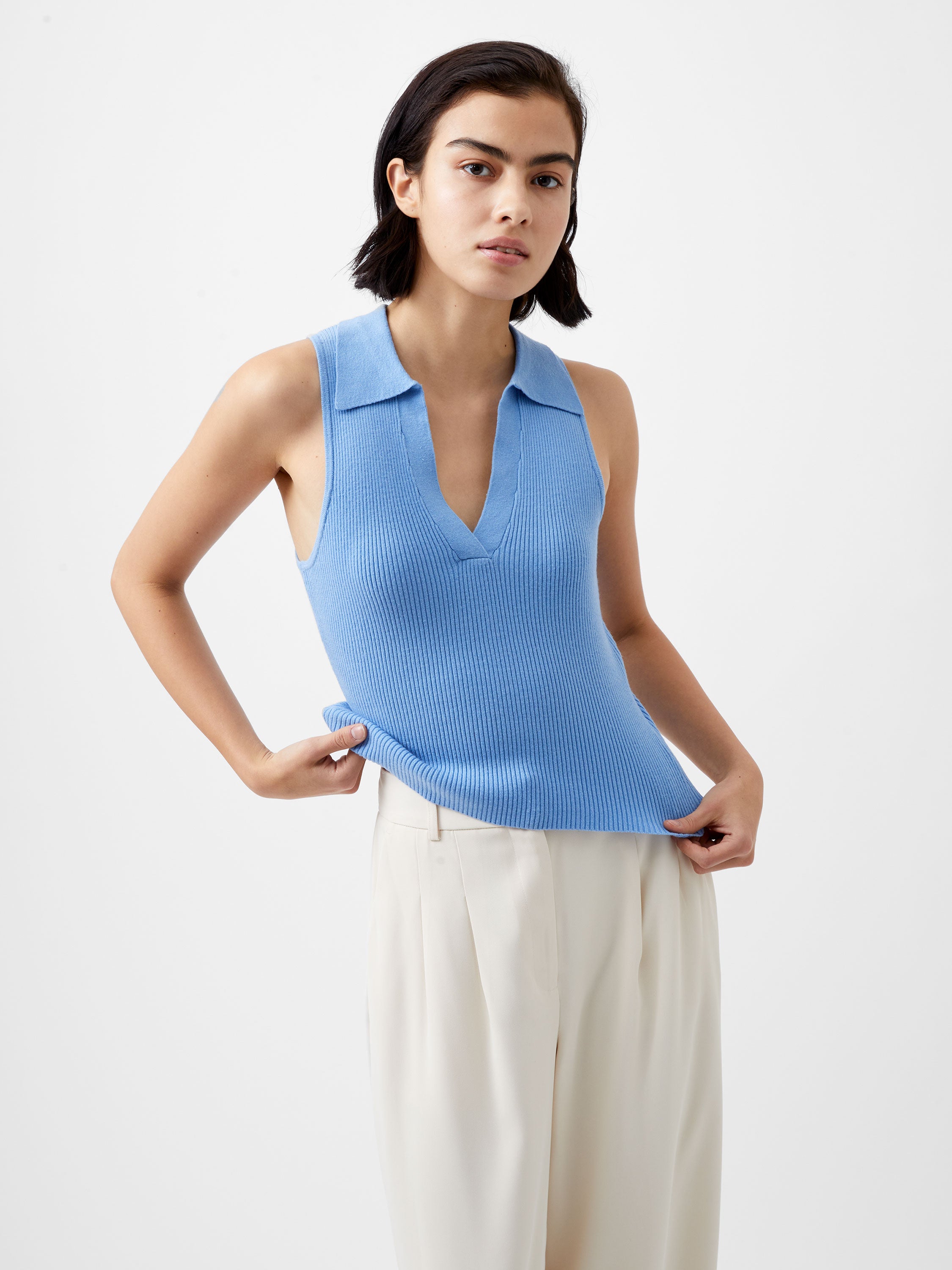 トップス no collar deep v neck ponte tops Ultra-Stretch Ponte Short Sleeve Top