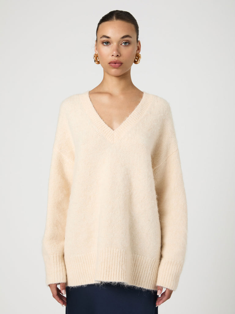 Fluffy Knit V Neck Oversized Sweater Classic Cream French