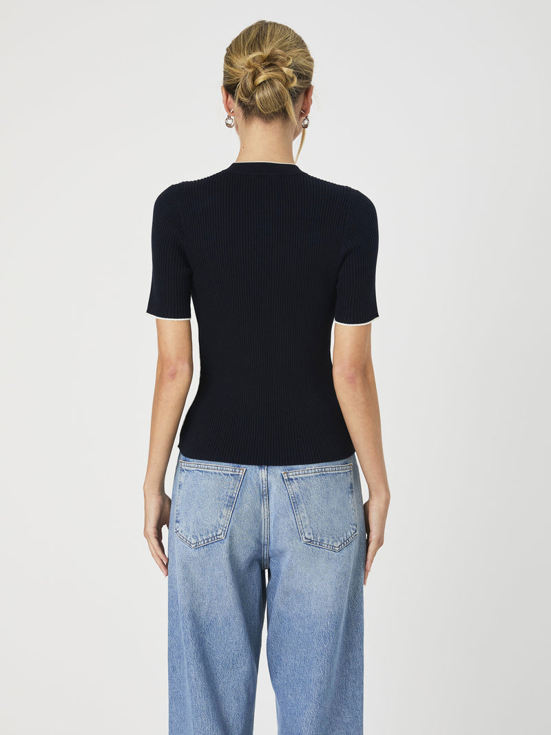 【THE MOZZ】[Premium] Inmar Fine Wool Knit Setup Mozza Short Sleeve Sweater Marine/Porcelain Cream | French