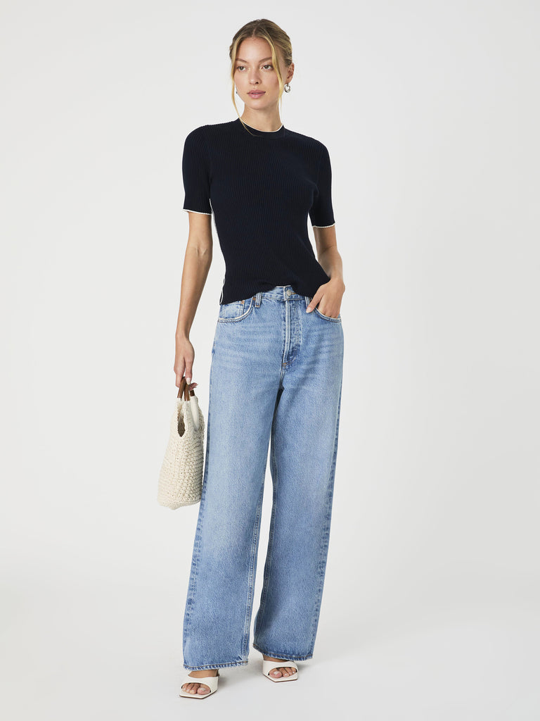 Mozza Short Sleeve Sweater Marine/Porcelain Cream | French