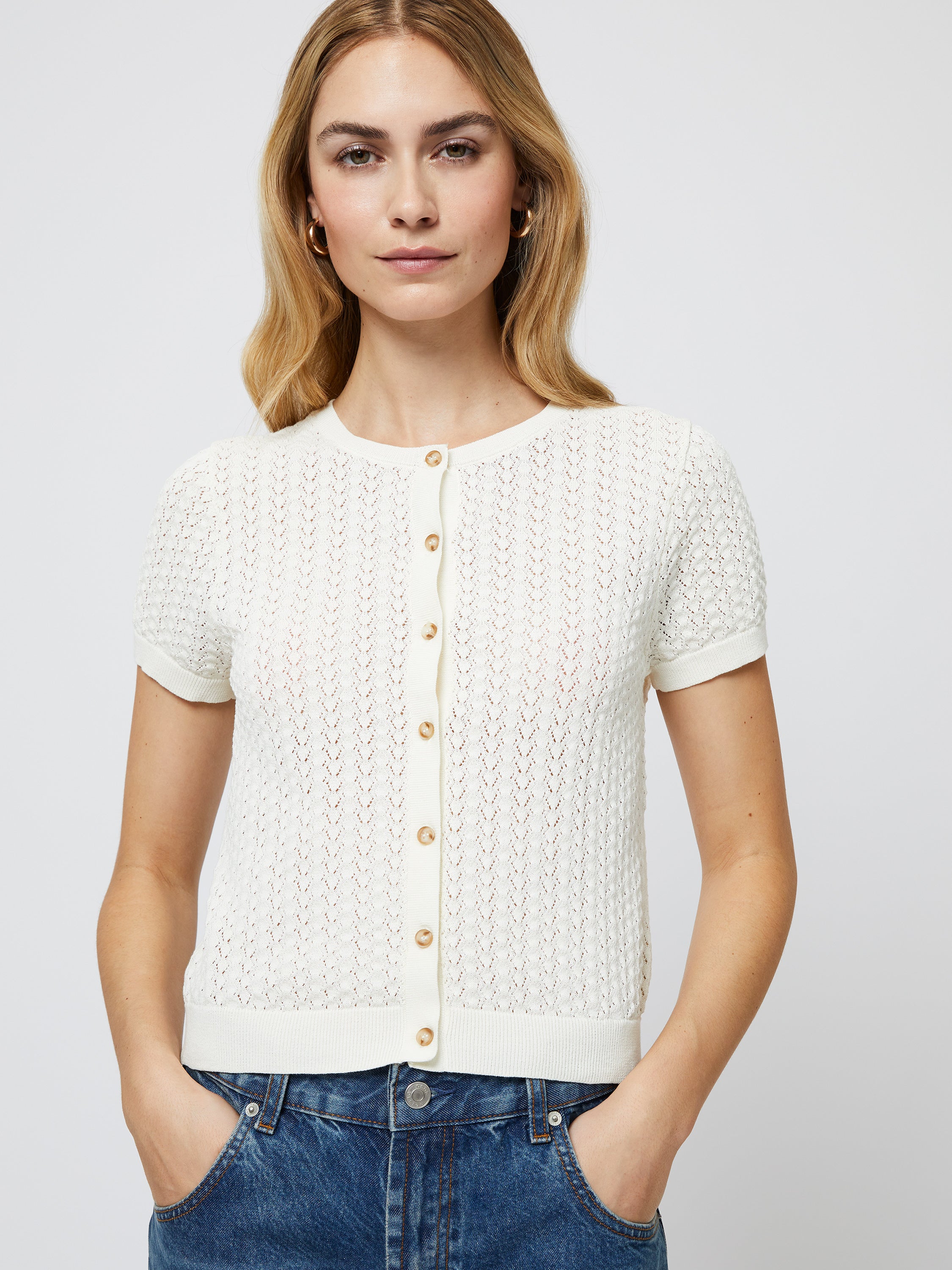 Cotton Blend Pointelle Cardigan