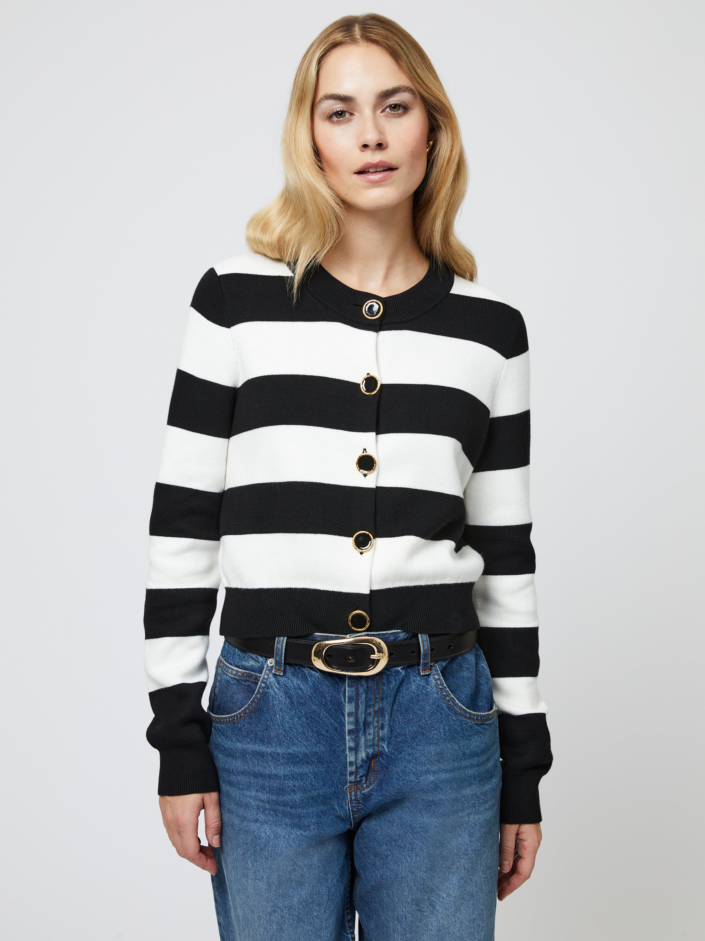 Nyrobi Stripe Cardigan Black/Porcelain Cream | French