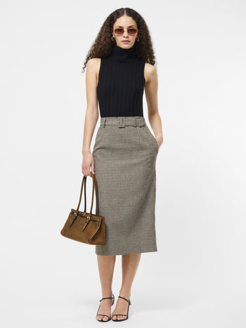 Houndstooth Belted Midi Skirt