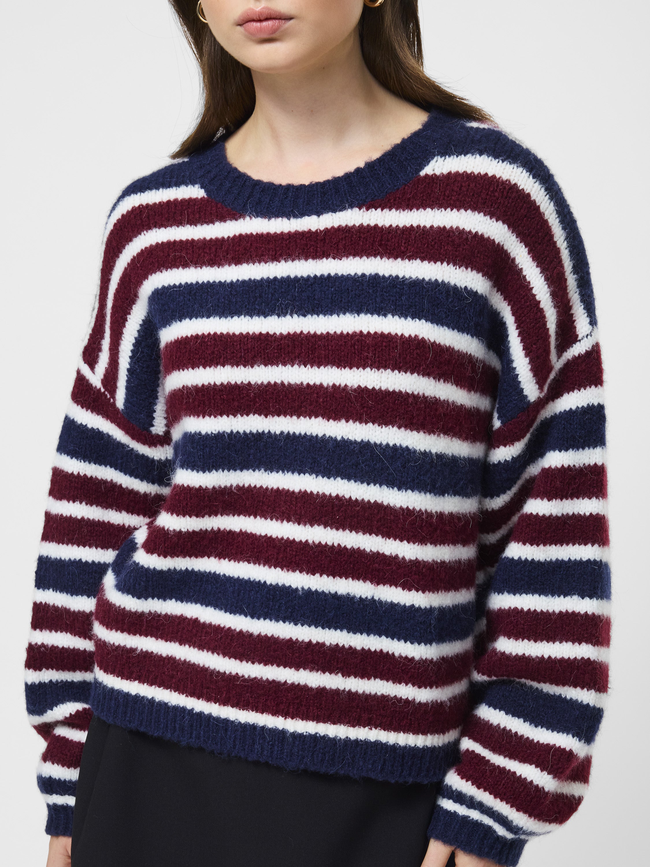 Chunky Alpaca Striped Sweater Cabernet/Royal Blue Stripe French