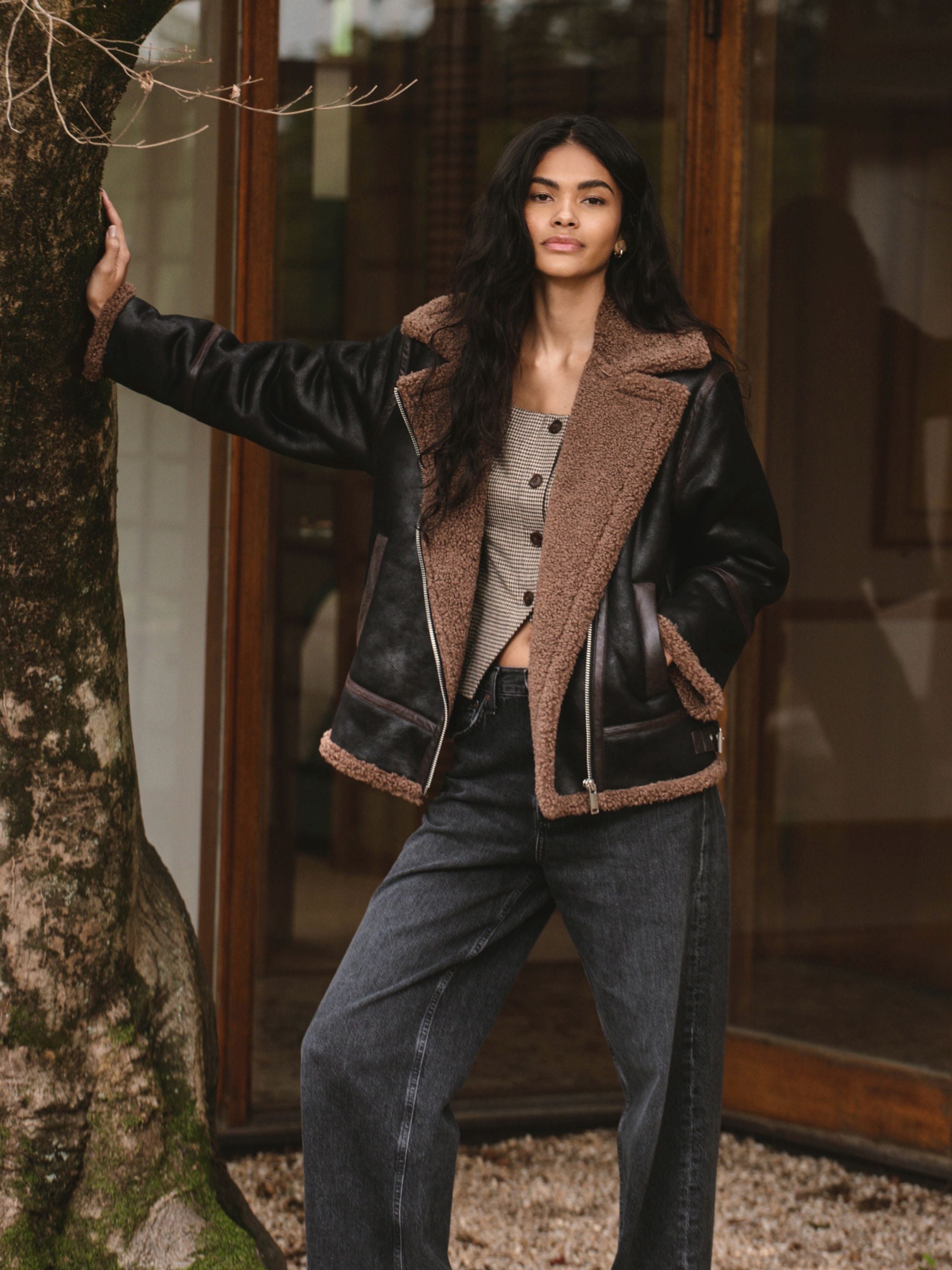 新品未使用◆ハケットロンドン◆ムートンジャケット羊革◆ダークブラウン濃茶◆XXL Vegan Shearling Zip Up Jacket Black/Brown | French Connection US