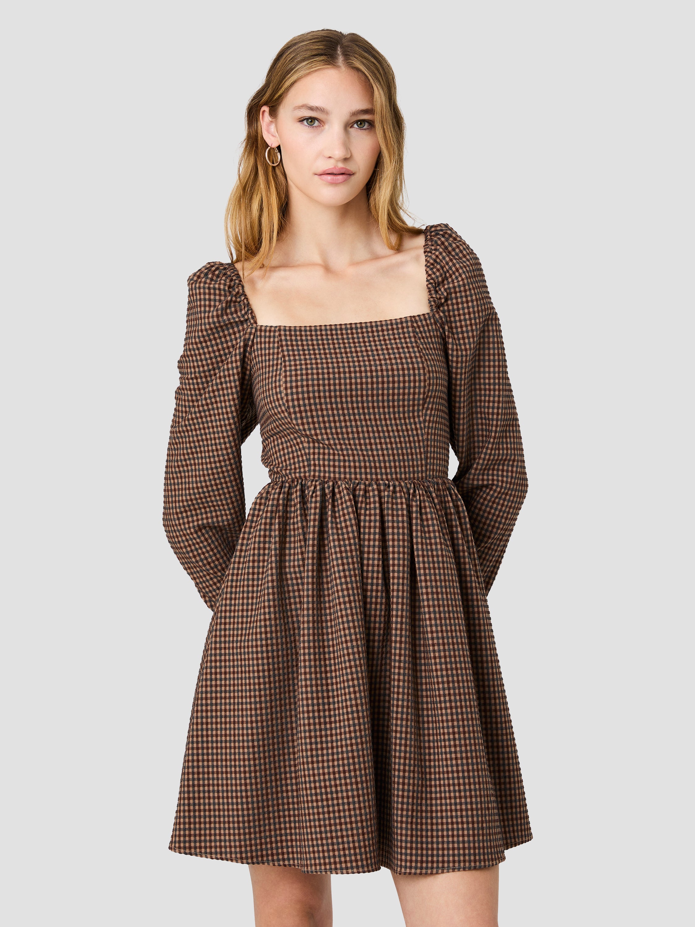 DIANA TEXTURED GINGHAM PUFF LONG SLEEVE MINI DRESS View 2 | New Arrivals