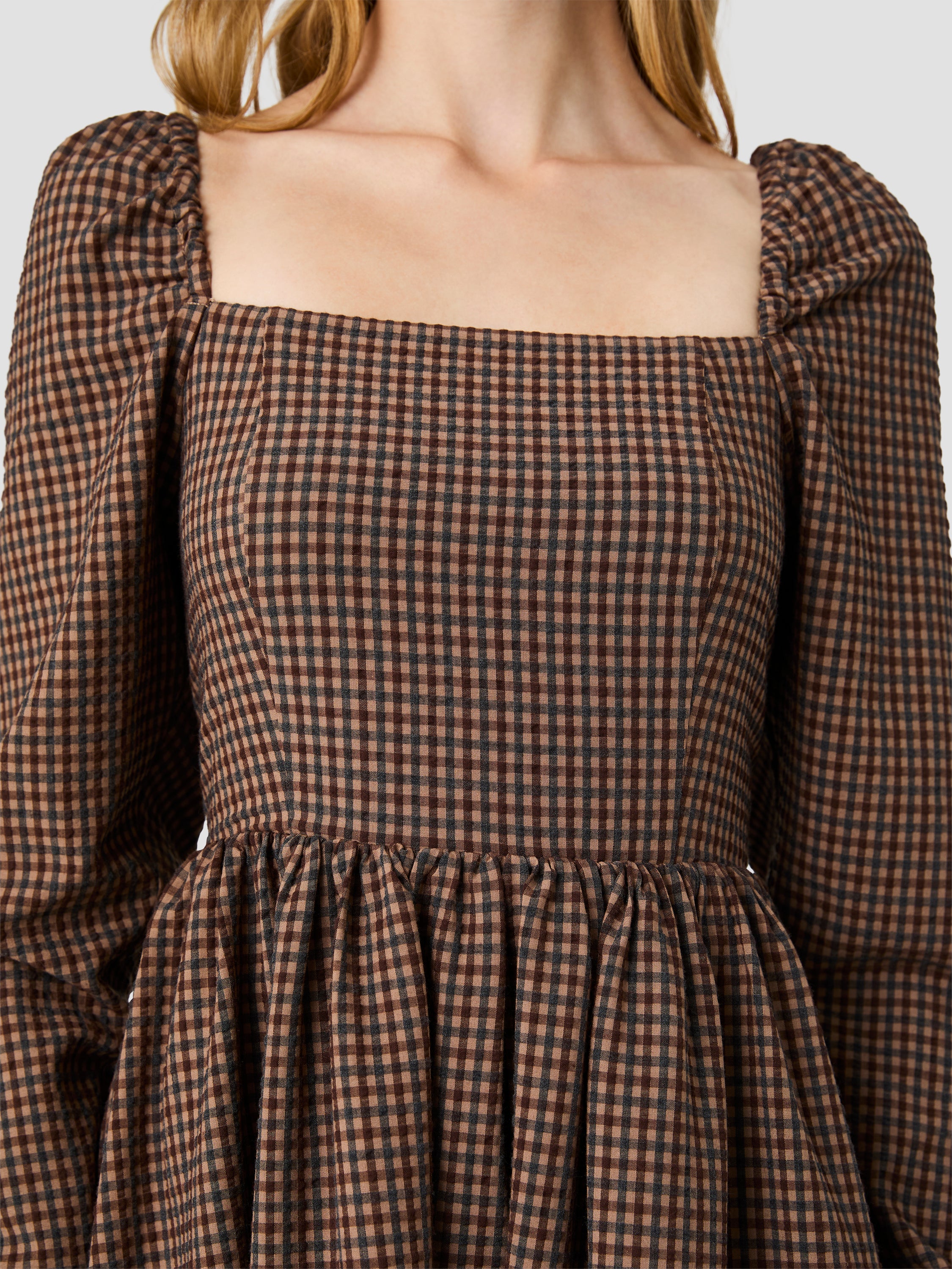 DIANA TEXTURED GINGHAM PUFF LONG SLEEVE MINI DRESS VIEW 3 | Women's