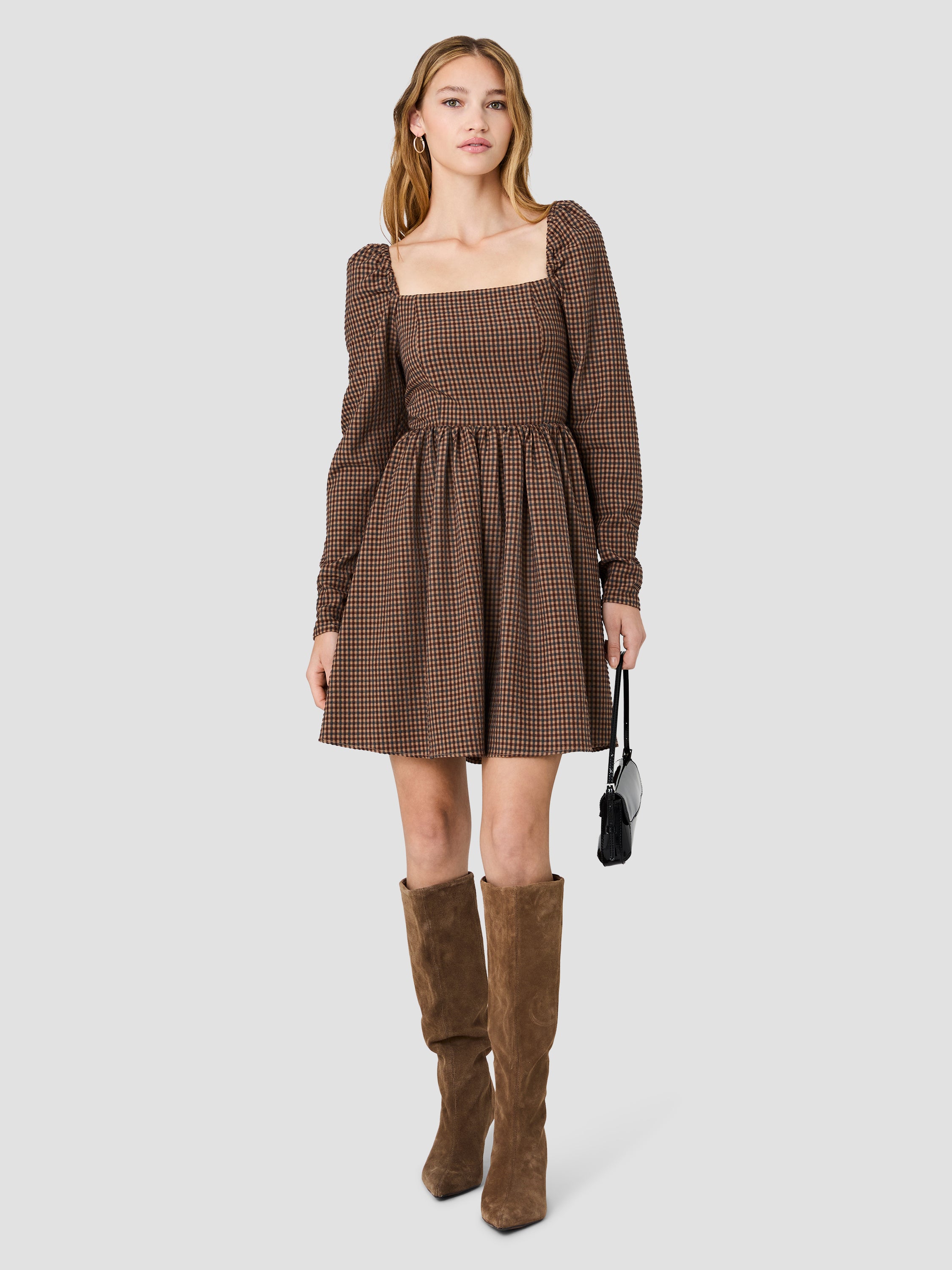 DIANA TEXTURED GINGHAM PUFF LONG SLEEVE MINI DRESS View 1 | New Arrivals