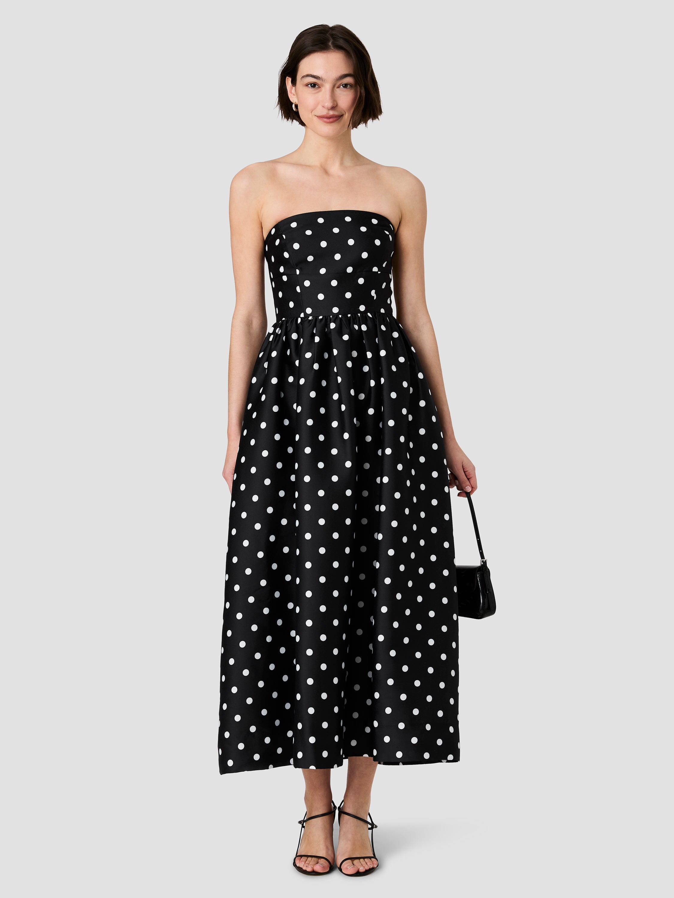 STRUCTURED TAFFETA POLKA DOT STRAPLESS MIDI DRESS VIEW 1
