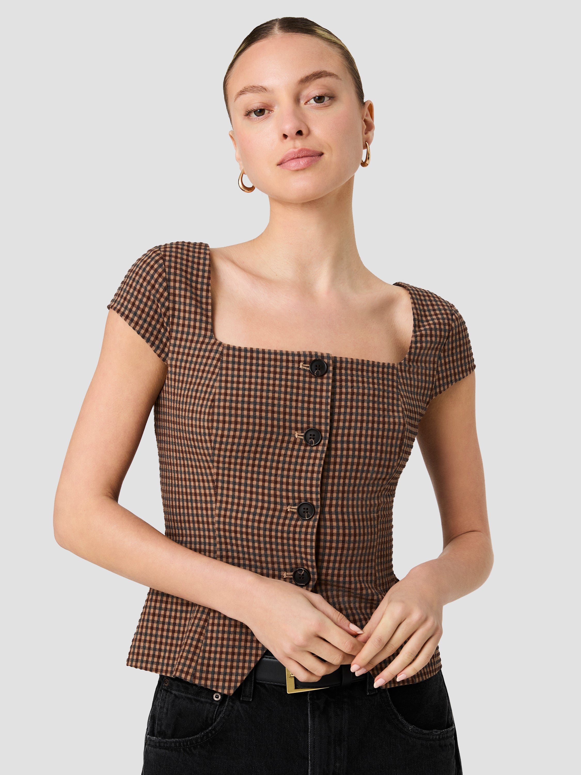 DIANA TEXTURED GINGHAM BUTTON FRONT TOP View 1 | New Arrivals