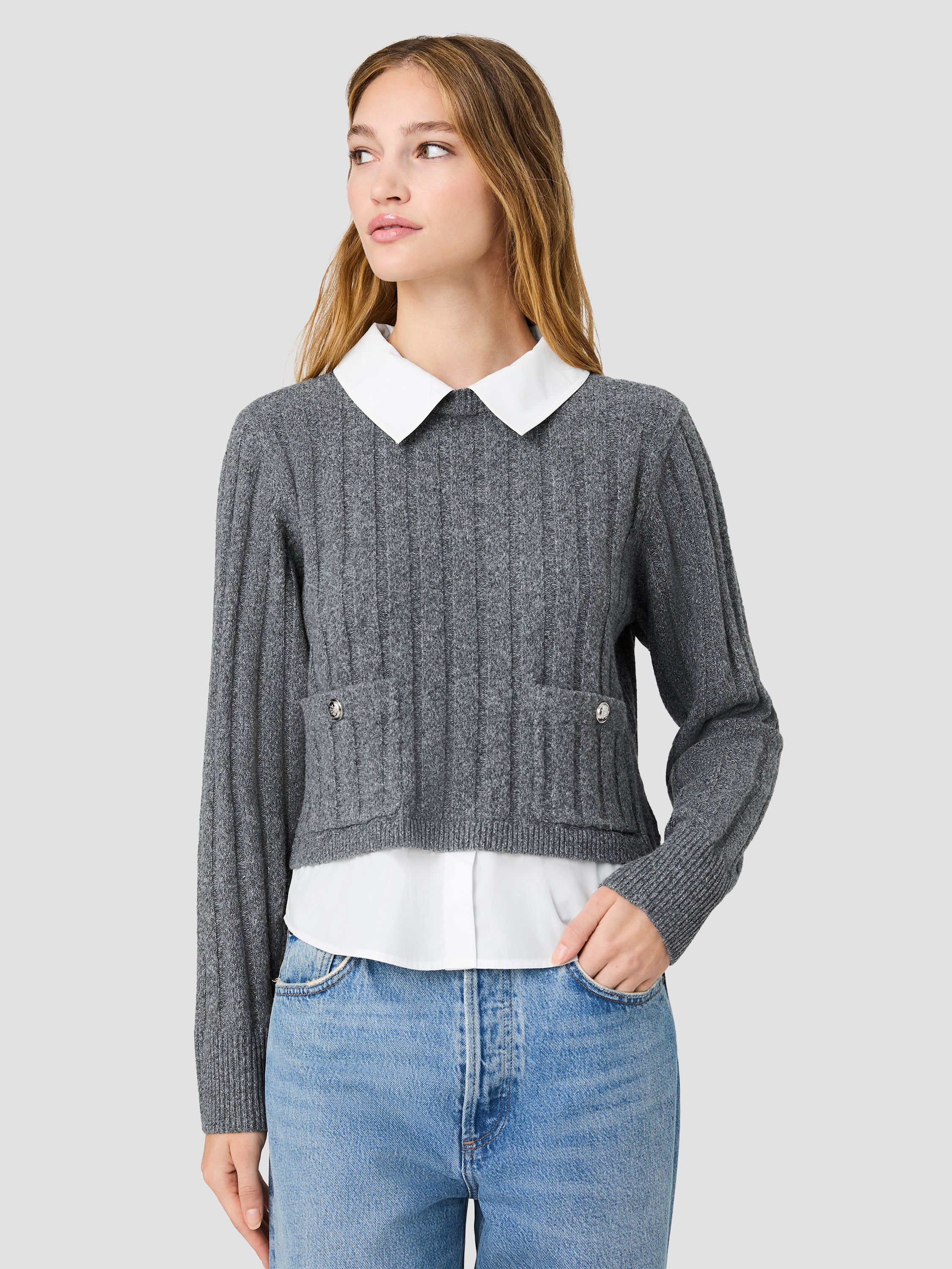 ALEYNA KNIT COMBO COLLARED PULLOVER VIEW 2