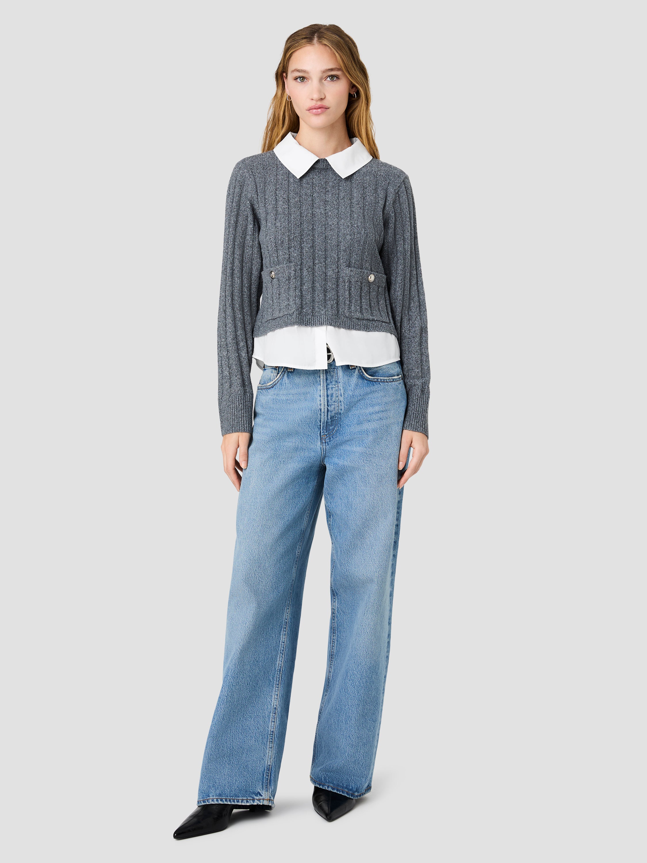 ALEYNA KNIT COMBO COLLARED PULLOVER VIEW 6
