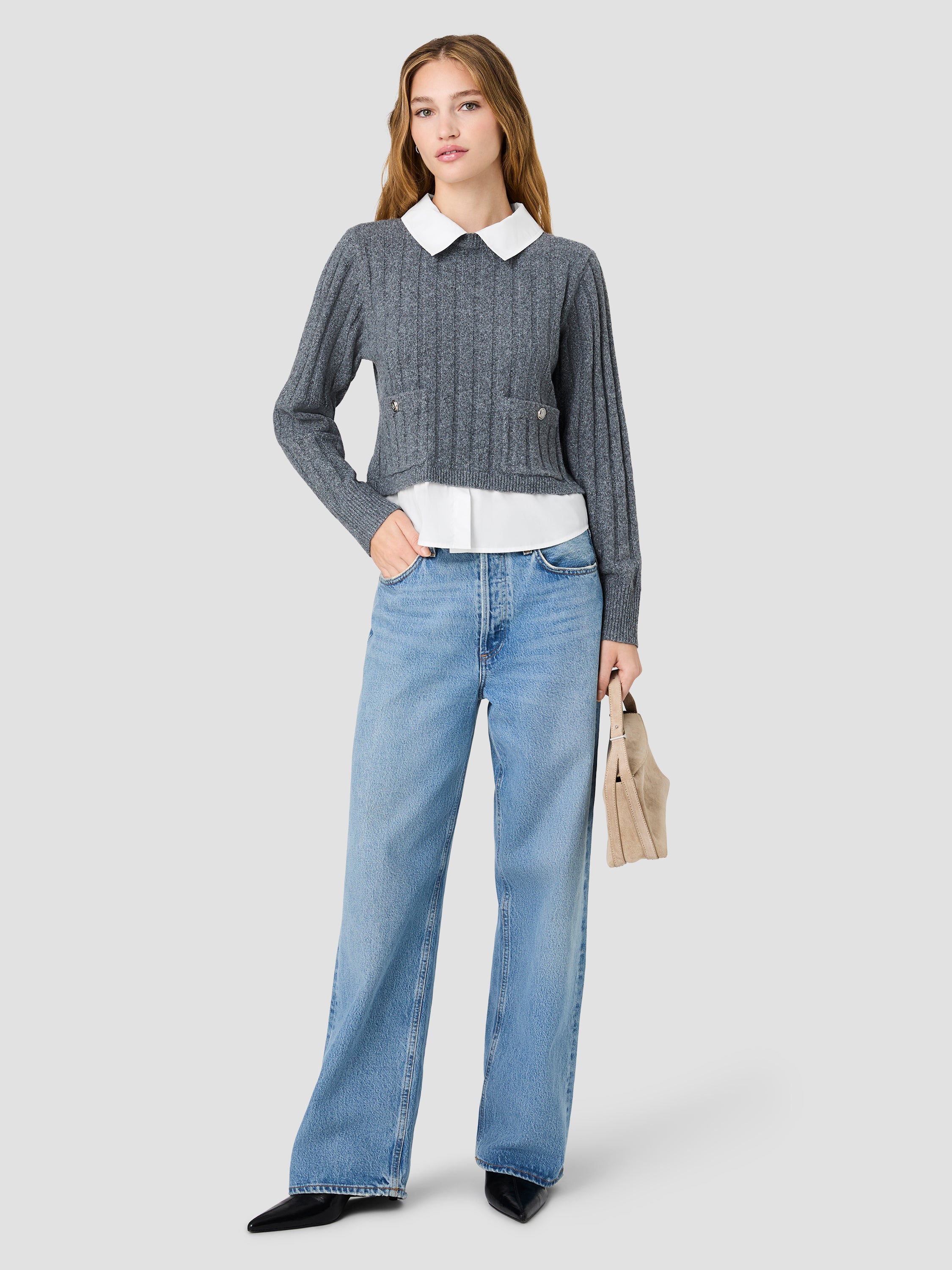 ALEYNA KNIT COMBO COLLARED PULLOVER VIEW 1