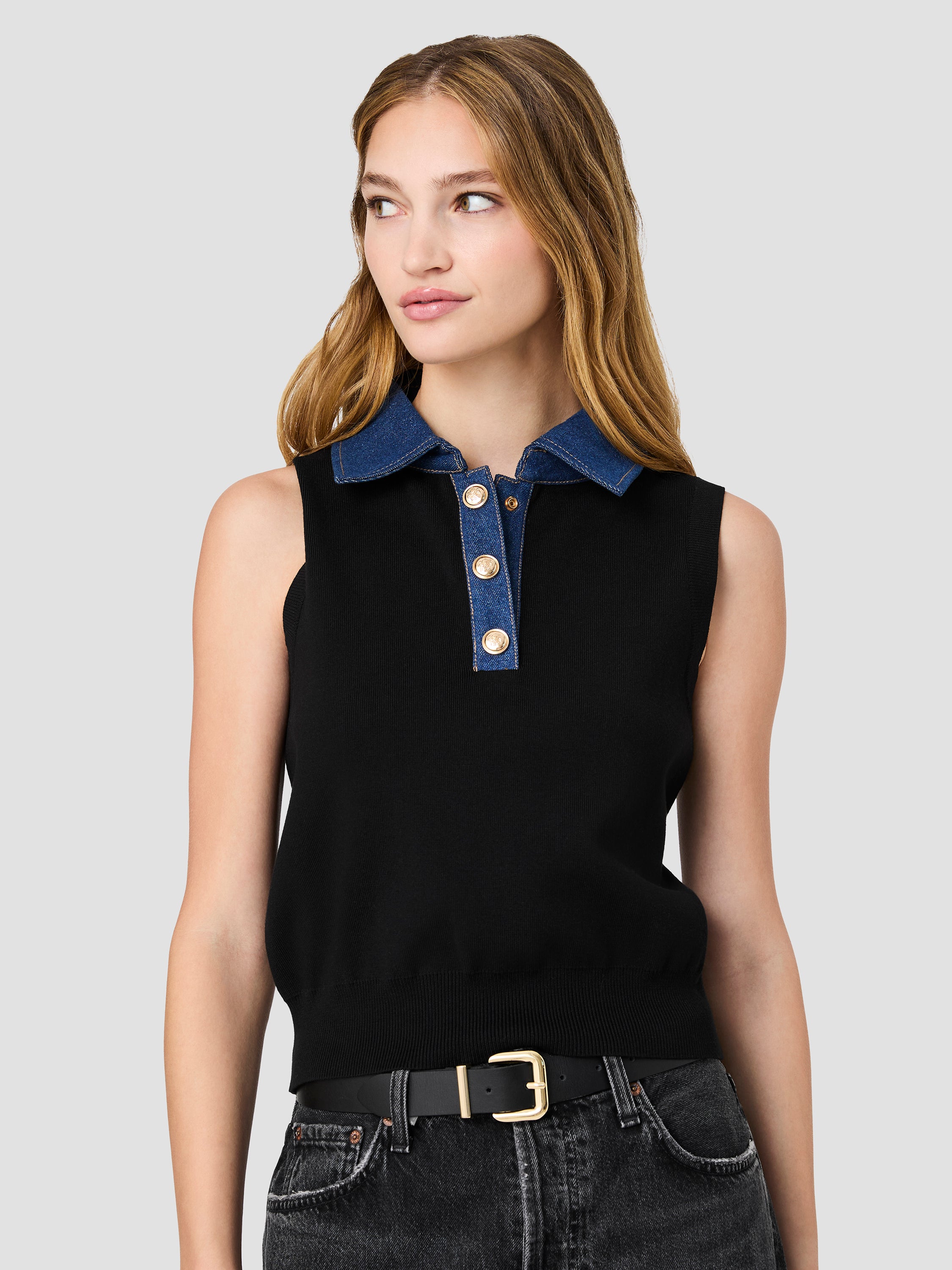 MAXIME KNIT DENIM COLLARED SWEATER VEST View 2 | Products